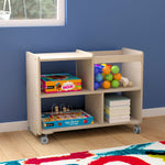 Bright Beginnings Commercial Double Sided Space Saving Wooden Mobile Storage Cart - Locking Casters, 4 Compartments, 1 Clear Bin, Lower Shelf, Natural - SchoolOutlet