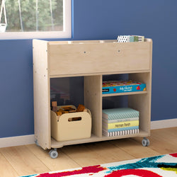 Bright Beginnings Commercial Double Sided Space Saving Wooden Mobile Storage Cart with Clear Back, Locking Casters and 6 Storage Compartments, Natural