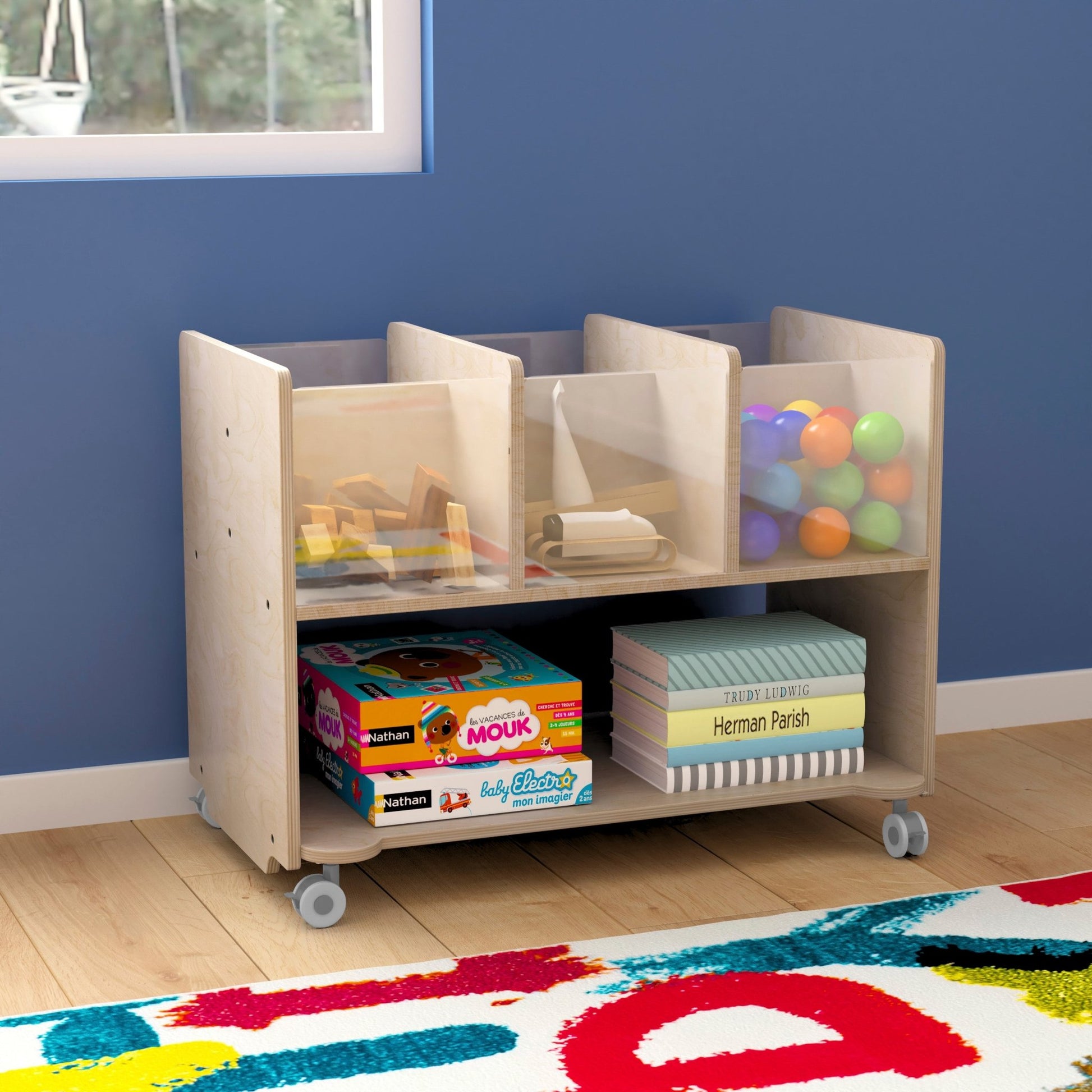 Bright Beginnings Commercial Double Sided Space Saving Wooden Mobile Storage Cart - Locking Caster Wheels, 6 Clear Storage Bins, Lower Shelf, Natural - SchoolOutlet