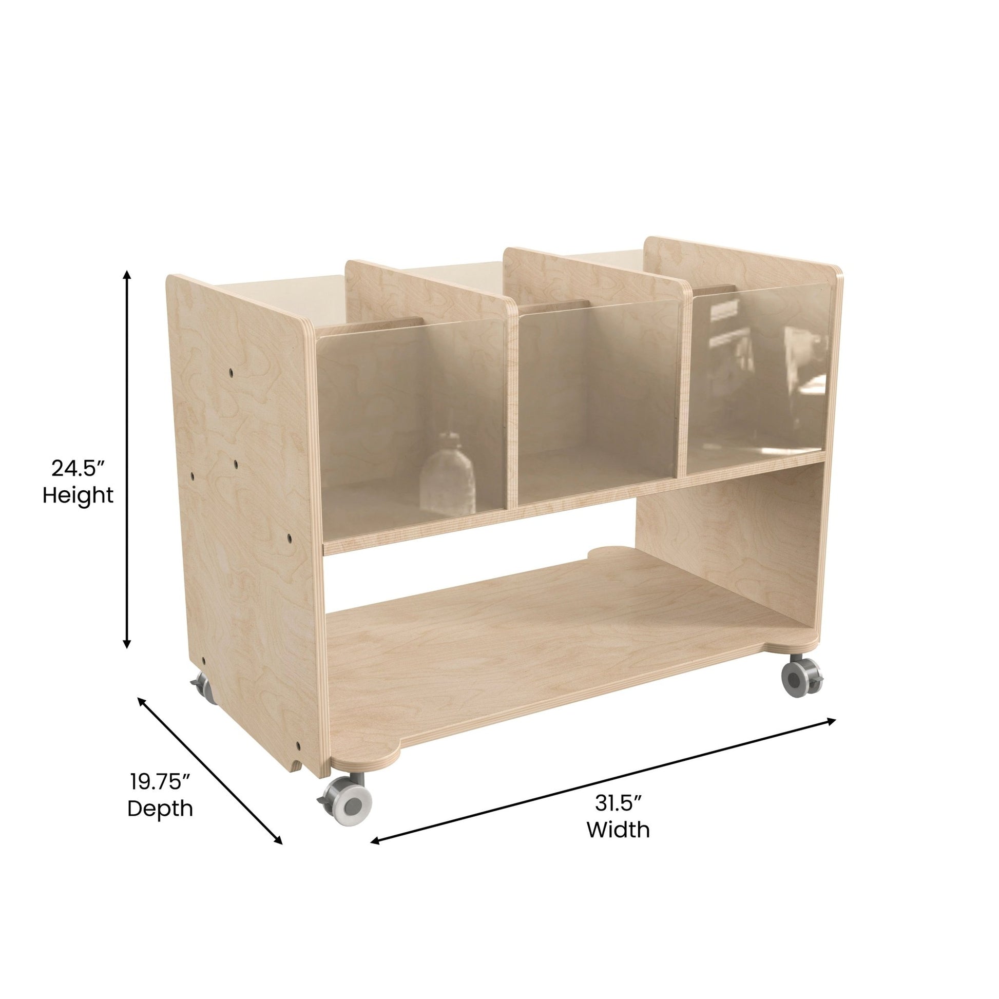 Bright Beginnings Commercial Double Sided Space Saving Wooden Mobile Storage Cart - Locking Caster Wheels, 6 Clear Storage Bins, Lower Shelf, Natural - SchoolOutlet