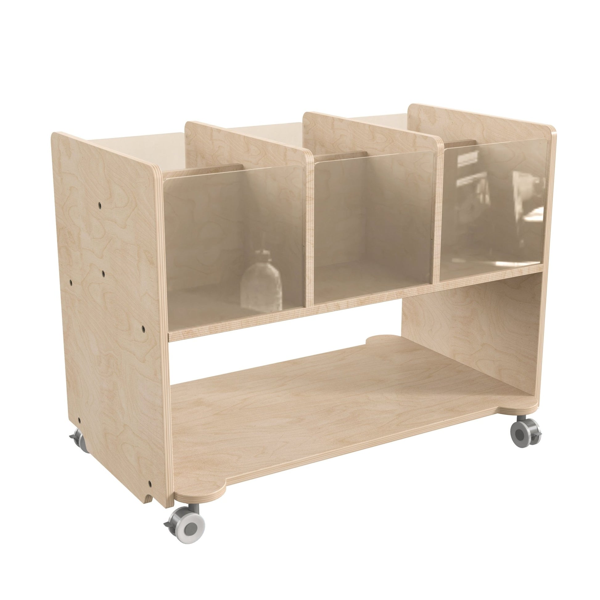 Bright Beginnings Commercial Double Sided Space Saving Wooden Mobile Storage Cart - Locking Caster Wheels, 6 Clear Storage Bins, Lower Shelf, Natural - SchoolOutlet