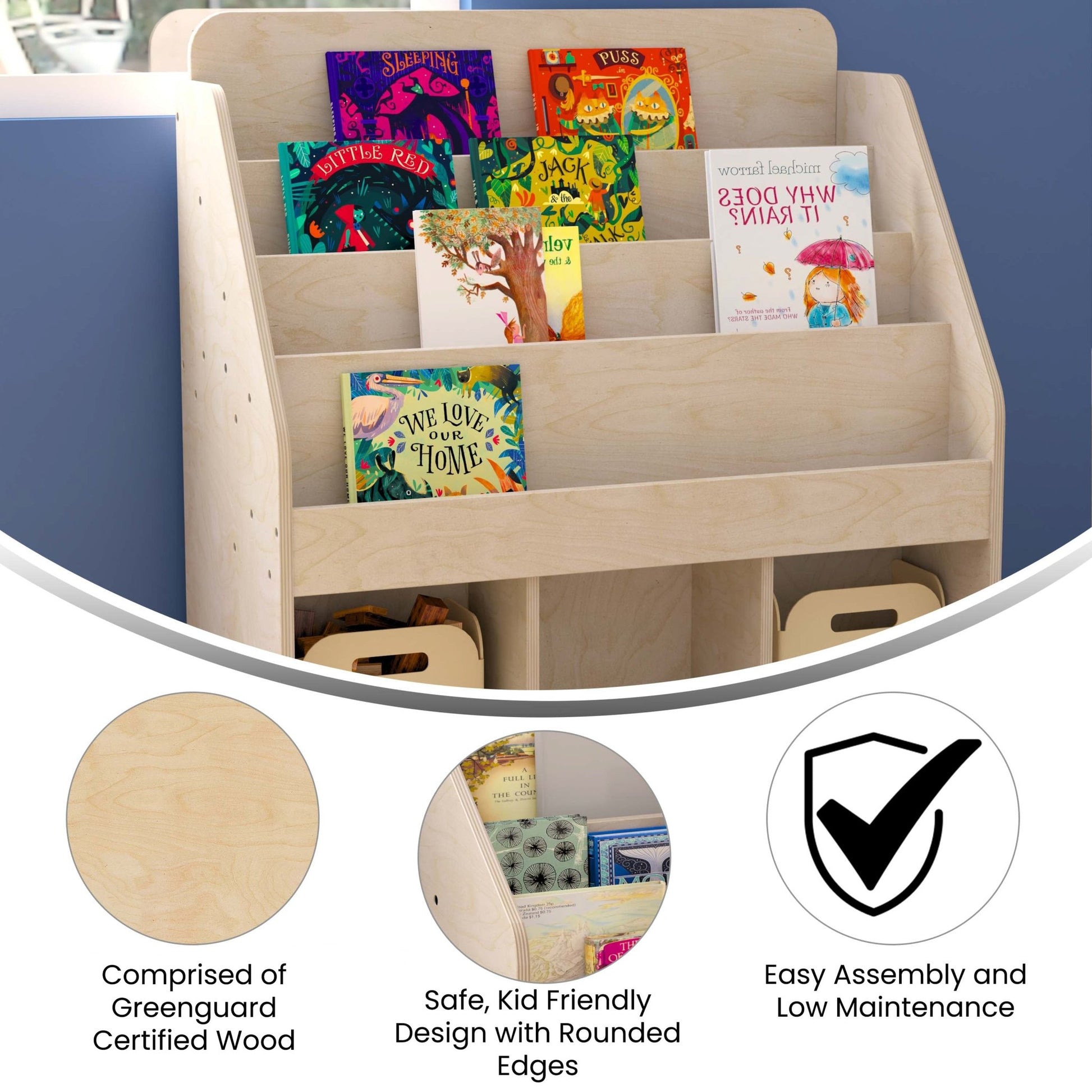 Bright Beginnings Commercial Grade Modular Wooden Classroom 4 Tier Bookstand with 3 Storage Compartments, Natural - SchoolOutlet