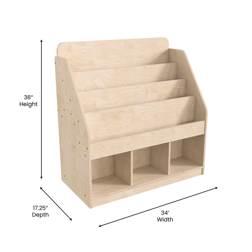 Bright Beginnings Commercial Grade Modular Wooden Classroom 4 Tier Bookstand with 3 Storage Compartments, Natural - SchoolOutlet