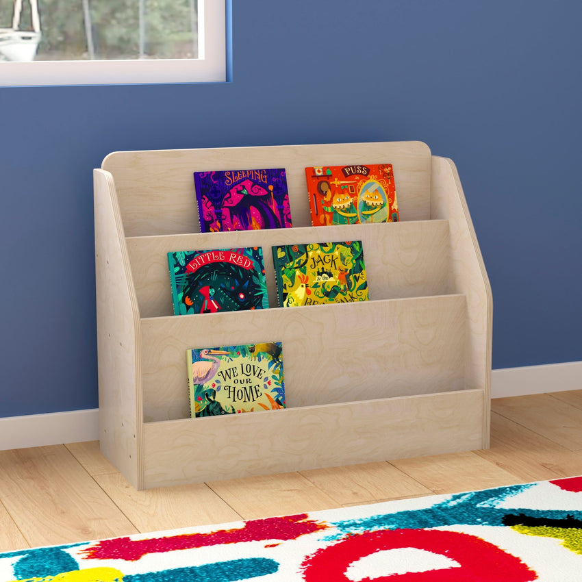 Bright Beginnings Commercial Grade Modular Wooden Classroom 3 Tier Book Display Shelf, Natural - SchoolOutlet