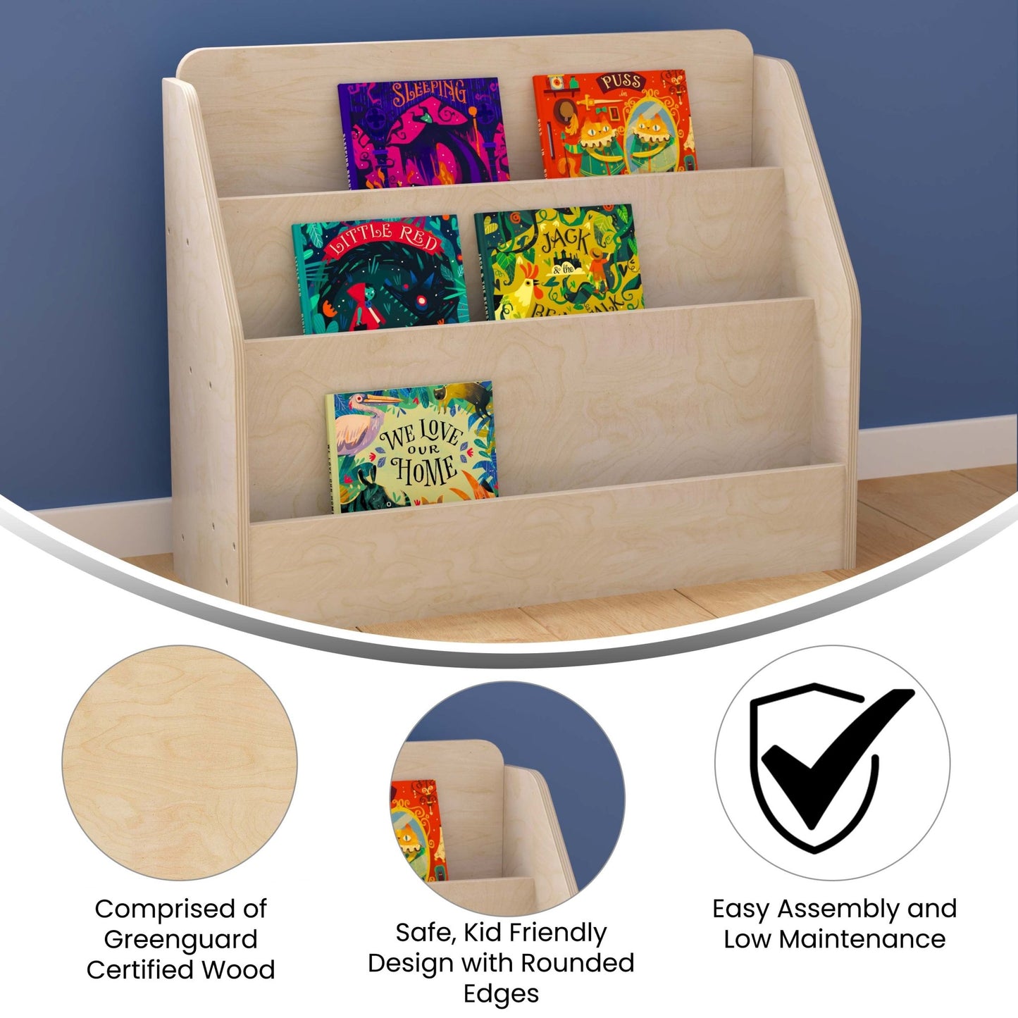 Bright Beginnings Commercial Grade Modular Wooden Classroom 3 Tier Book Display Shelf, Natural - SchoolOutlet