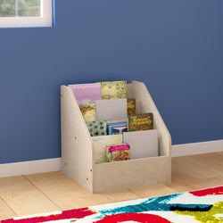 Bright Beginnings Commercial Grade Modular Wooden Classroom 4 Tier Book Display Shelf, Natural