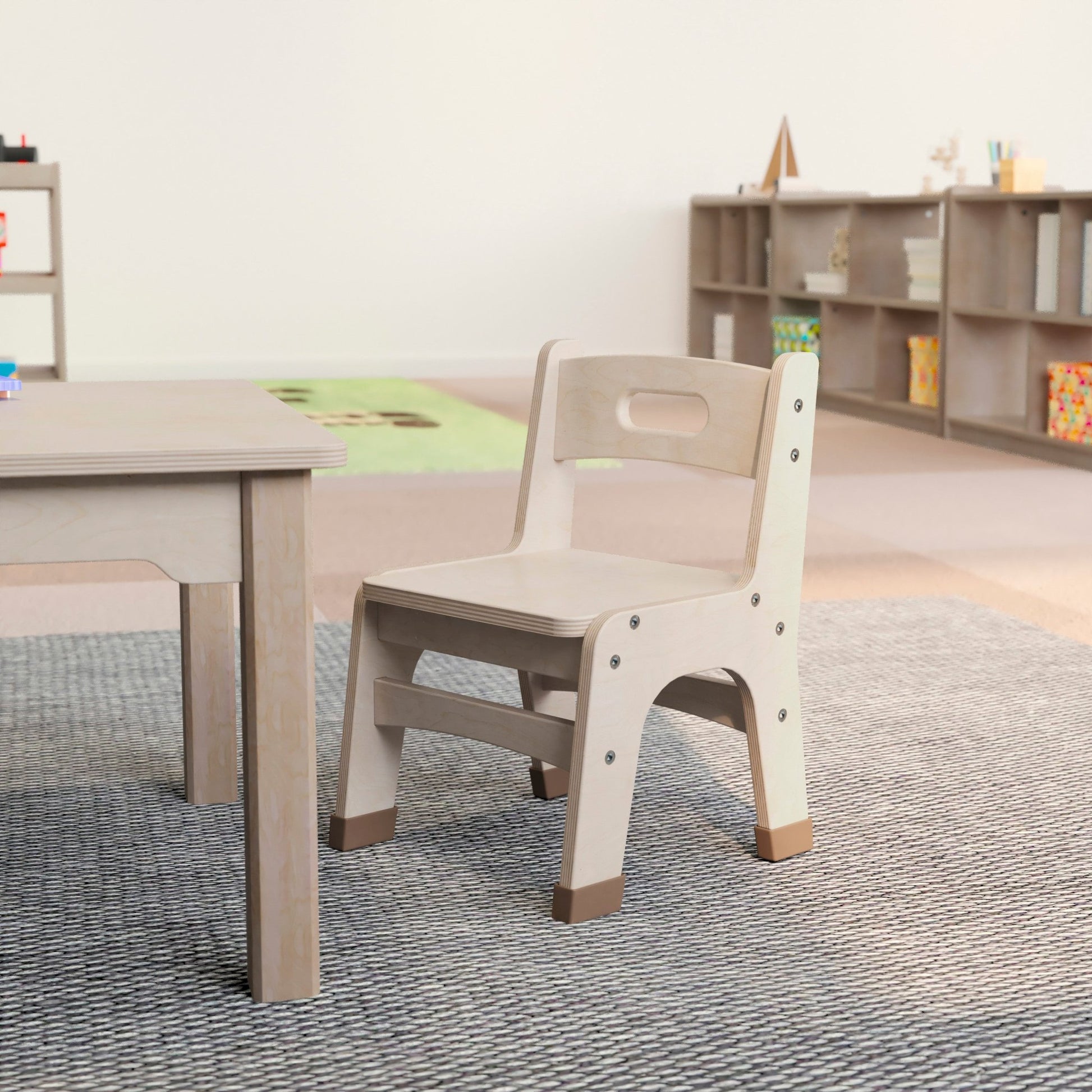 Bright Beginnings Set of 2 Commercial Grade Wooden Classroom Chairs, 9" Seat Height with Non-Slip Foot Caps and Built-In Carrying Handle, Natural - SchoolOutlet