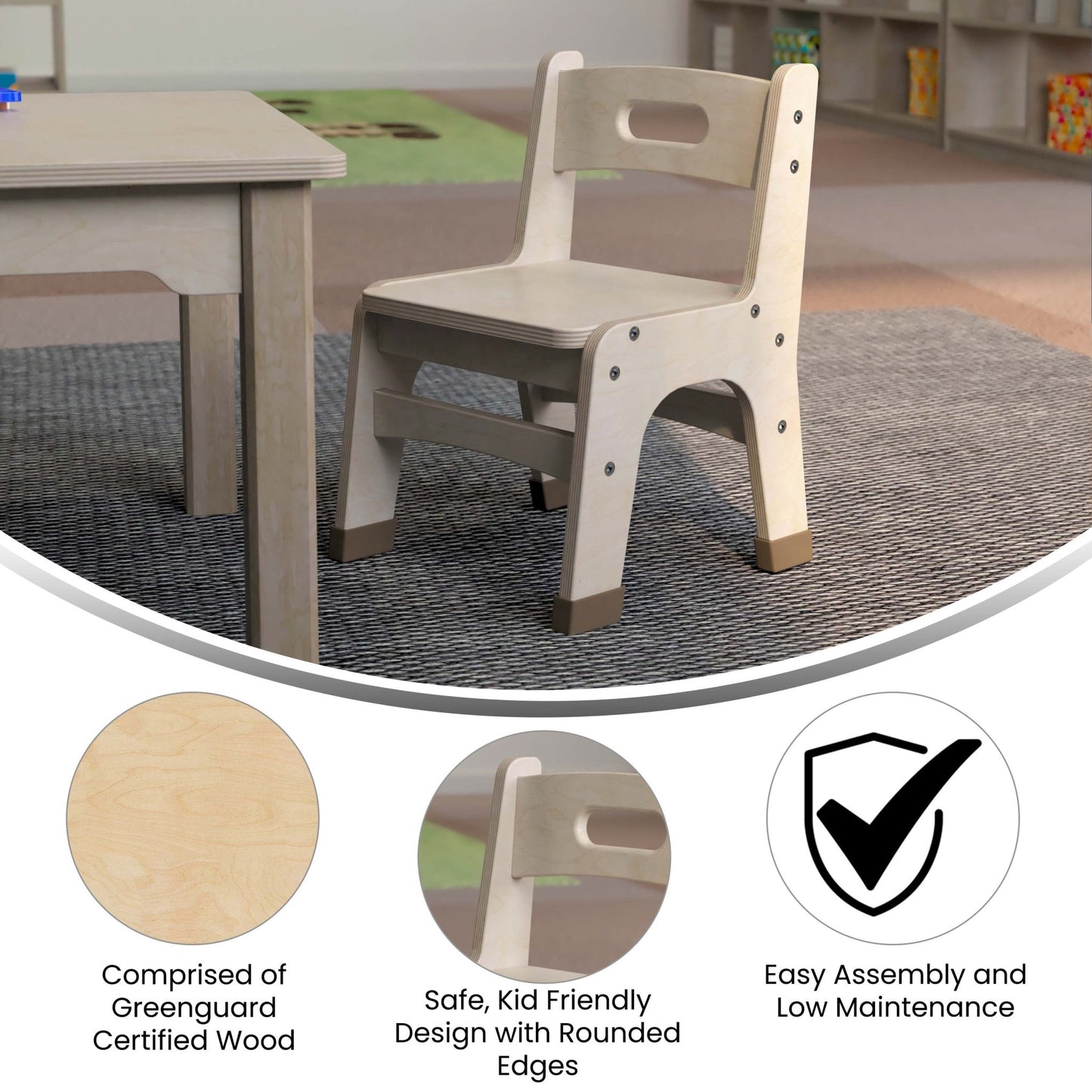 Bright Beginnings Set of 2 Commercial Grade Wooden Classroom Chairs, 9" Seat Height with Non-Slip Foot Caps and Built-In Carrying Handle, Natural - SchoolOutlet