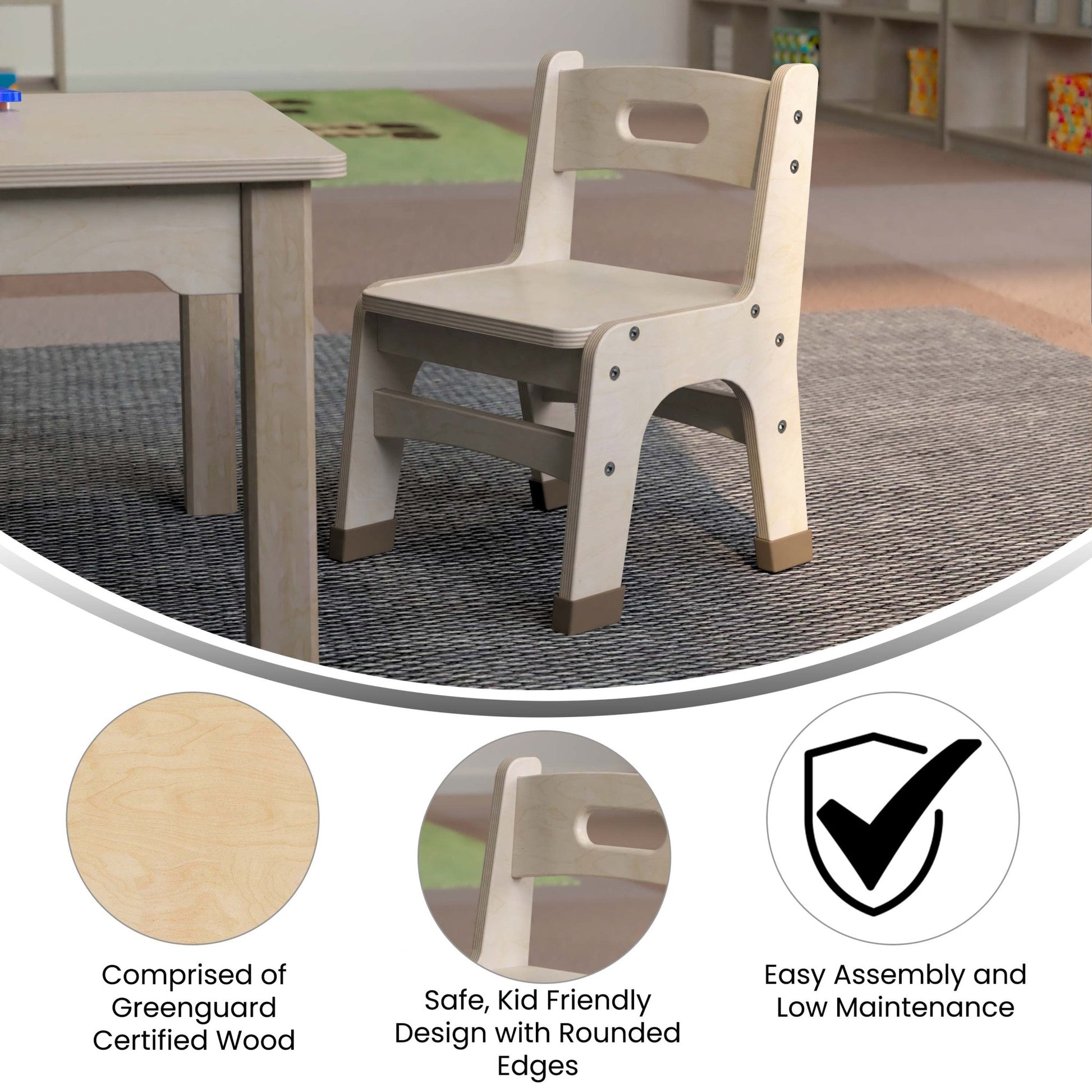 Bright Beginnings Set of 2 Commercial Grade Wooden Classroom Chairs, 9" Seat Height with Non-Slip Foot Caps and Built-In Carrying Handle, Natural - SchoolOutlet