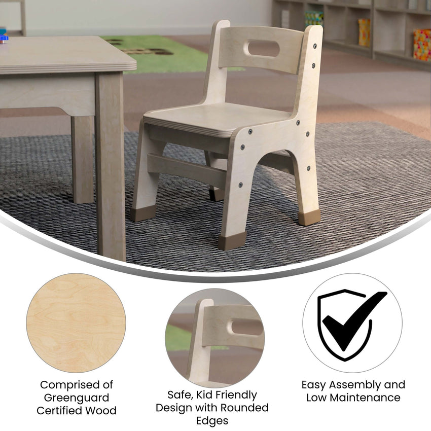 Bright Beginnings Set of 2 Commercial Grade Wooden Classroom Chairs, 9" Seat Height with Non-Slip Foot Caps and Built-In Carrying Handle, Natural - SchoolOutlet