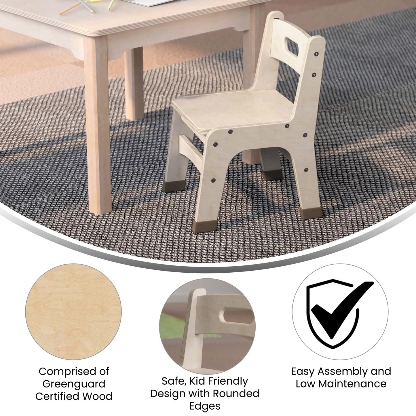 Bright Beginnings Set of 2 Commercial Grade Wooden Classroom Chairs, 10" Seat Height with Non-Slip Foot Caps and Built-In Carrying Handle, Natural - SchoolOutlet
