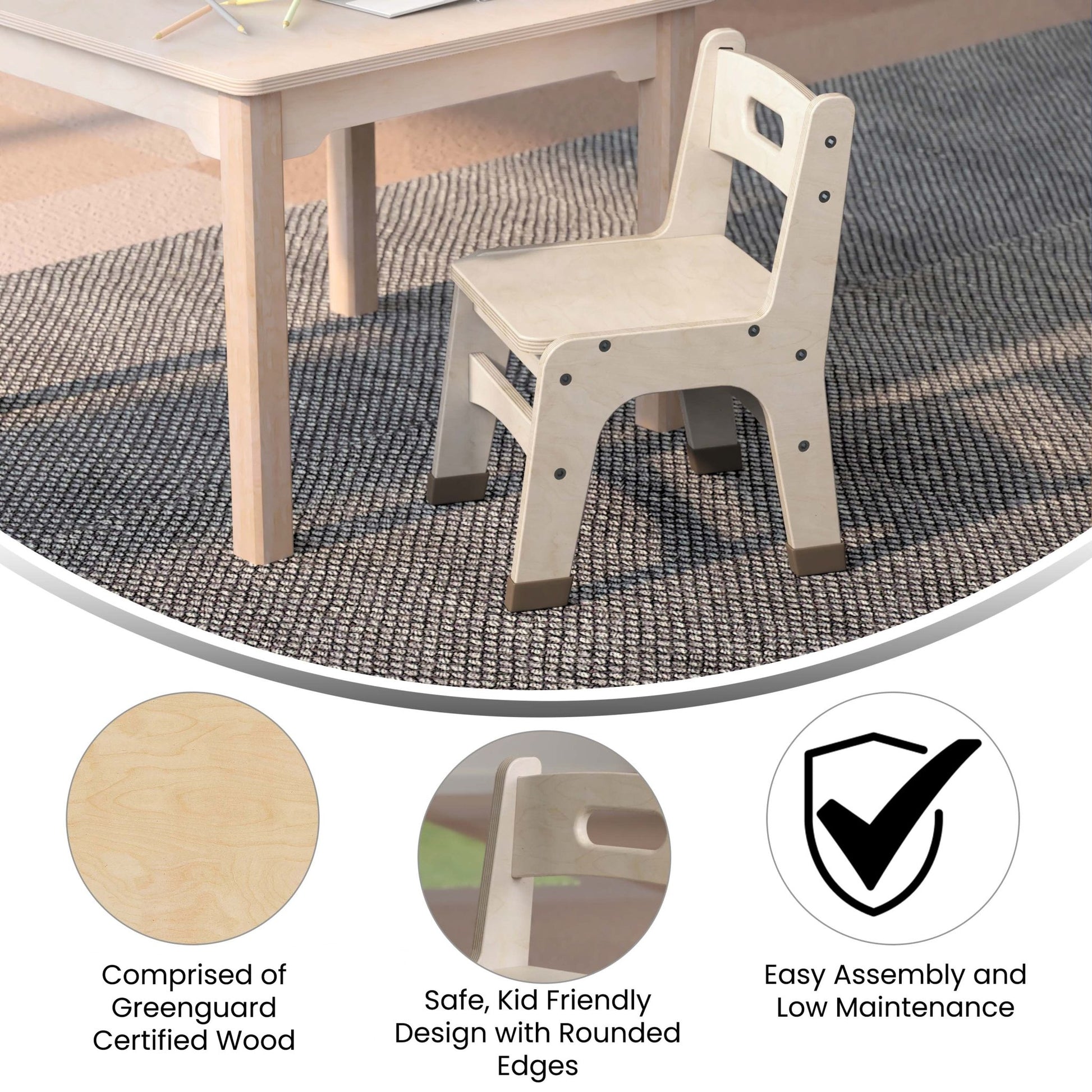 Bright Beginnings Set of 2 Commercial Grade Wooden Classroom Chairs, 10" Seat Height with Non-Slip Foot Caps and Built-In Carrying Handle, Natural - SchoolOutlet