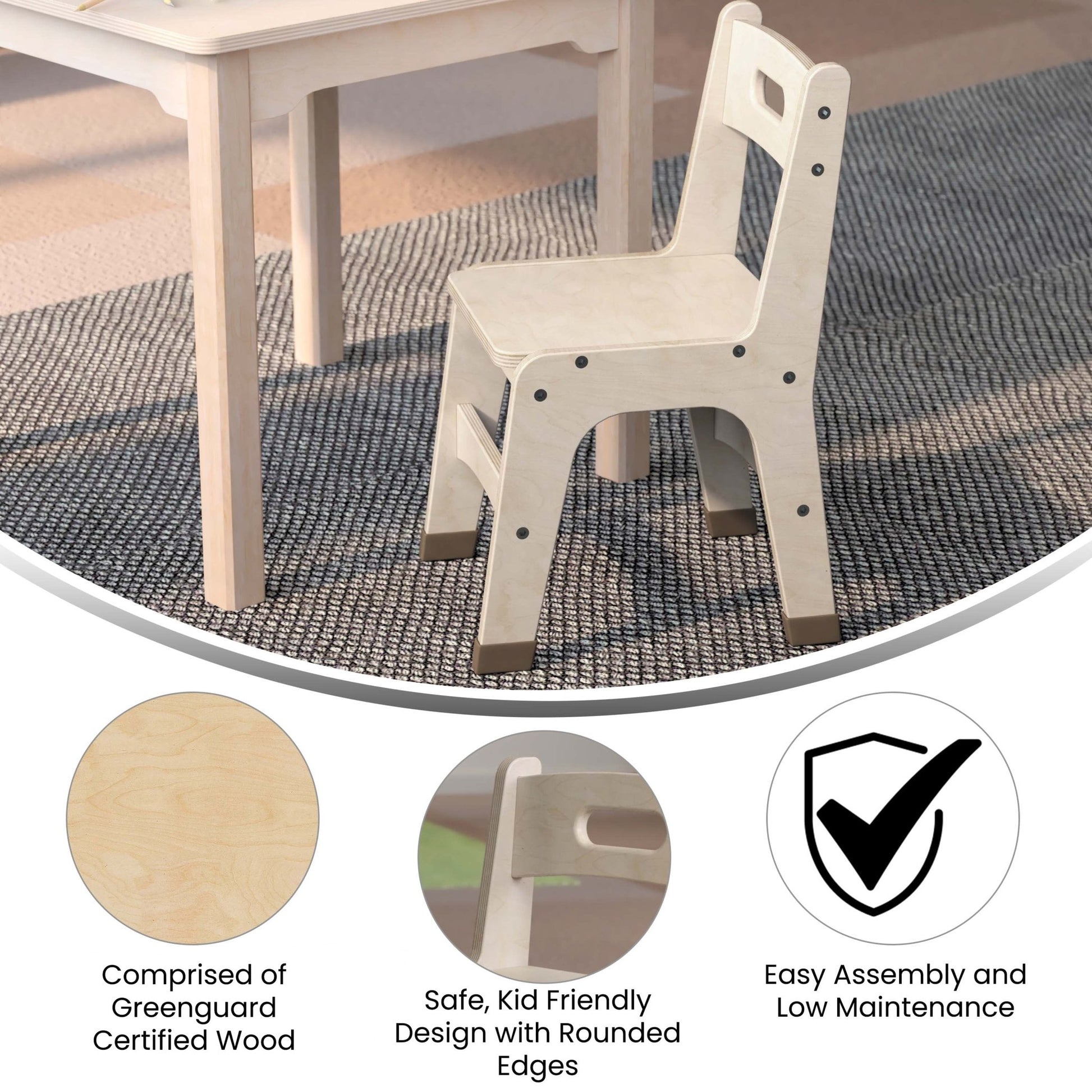 Bright Beginnings Set of 2 Commercial Grade Wooden Classroom Chairs, 11.5" Seat Height with Non-Slip Foot Caps and Built-In Carrying Handle, Natural - SchoolOutlet