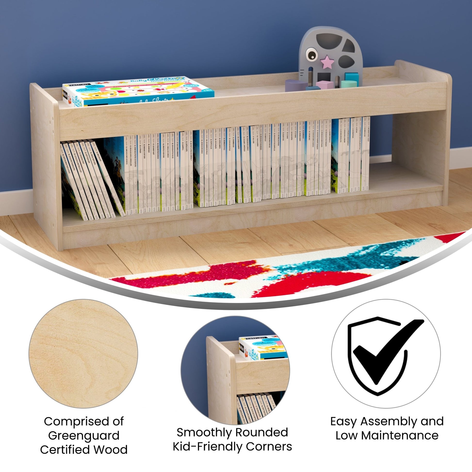 Bright Beginnings Commercial Grade Modular Wooden Classroom Open Storage Unit with Upper Shelf with Raised Edges, Natural - SchoolOutlet