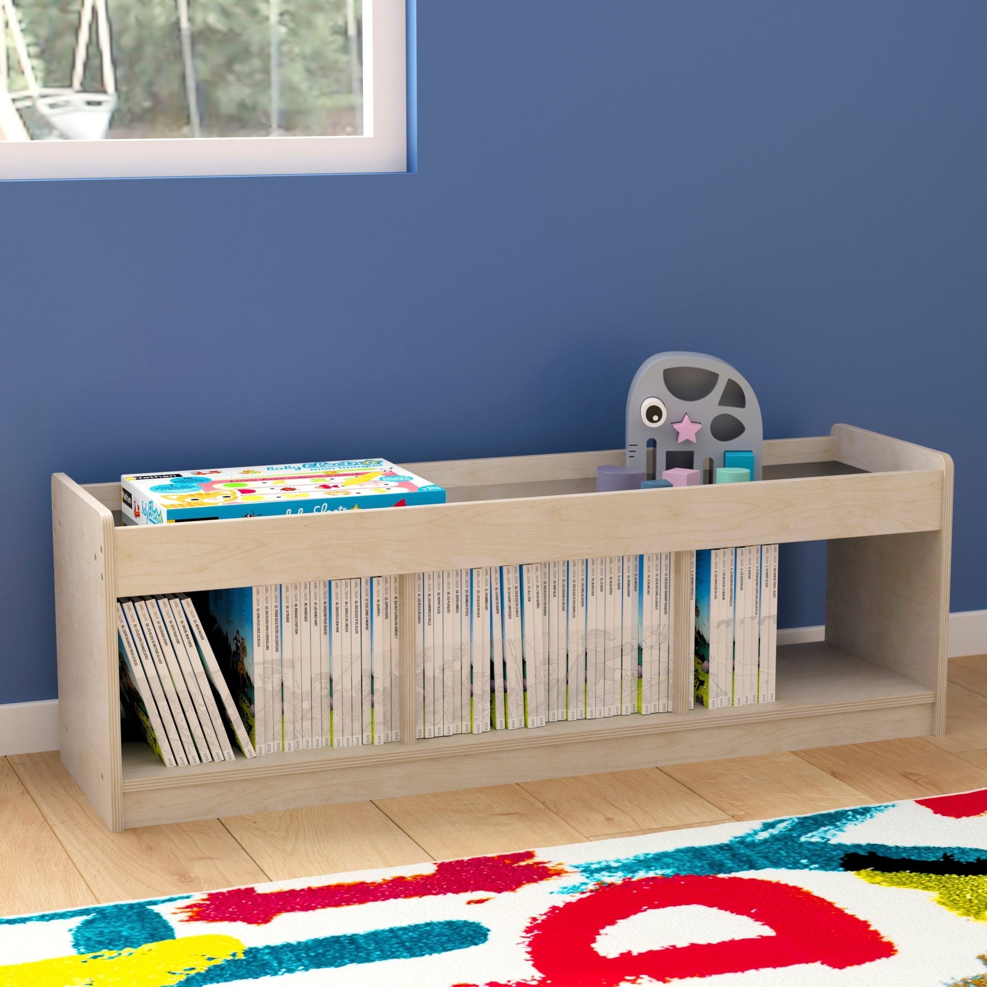 Bright Beginnings Commercial Grade Modular Wooden Classroom 2 Sided, 3 Section, Open Storage Unit with Mirrored Top and Raised Upper Edges, Natural - SchoolOutlet