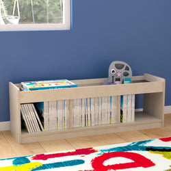 Bright Beginnings Commercial Grade Modular Wooden Classroom 2 Sided, 3 Section, Open Storage Unit with Mirrored Top and Raised Upper Edges, Natural