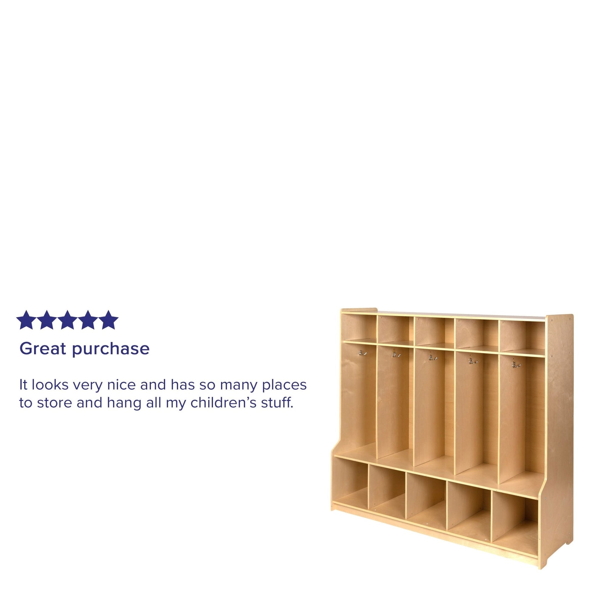 Hercules Wooden 5 Section School Coat Locker with Bench, Cubbies, and Storage Organizer Hook-Safe, Kid Friendly Design - 48"H x 48"L (Natural) - SchoolOutlet