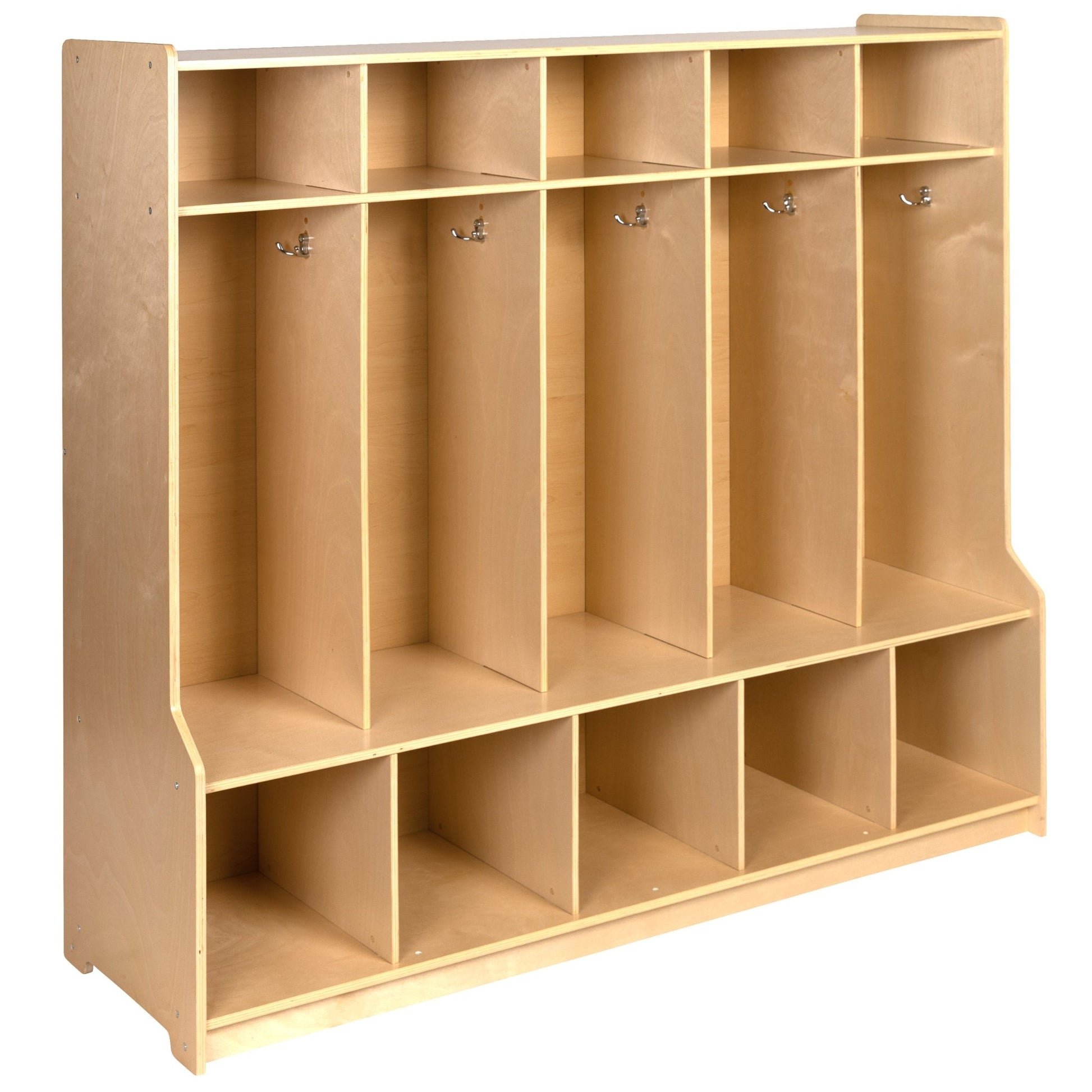 Hercules Wooden 5 Section School Coat Locker with Bench, Cubbies, and Storage Organizer Hook-Safe, Kid Friendly Design - 48"H x 48"L (Natural) - SchoolOutlet