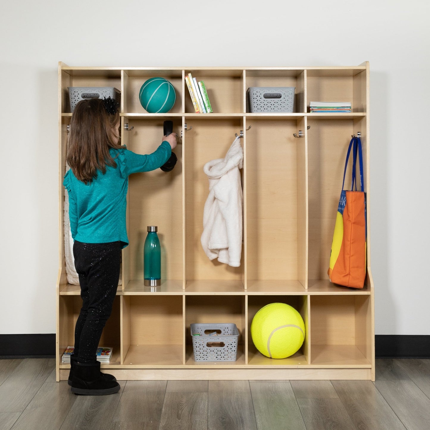 Hercules Wooden 5 Section School Coat Locker with Bench, Cubbies, and Storage Organizer Hook-Safe, Kid Friendly Design - 48"H x 48"L (Natural) - SchoolOutlet
