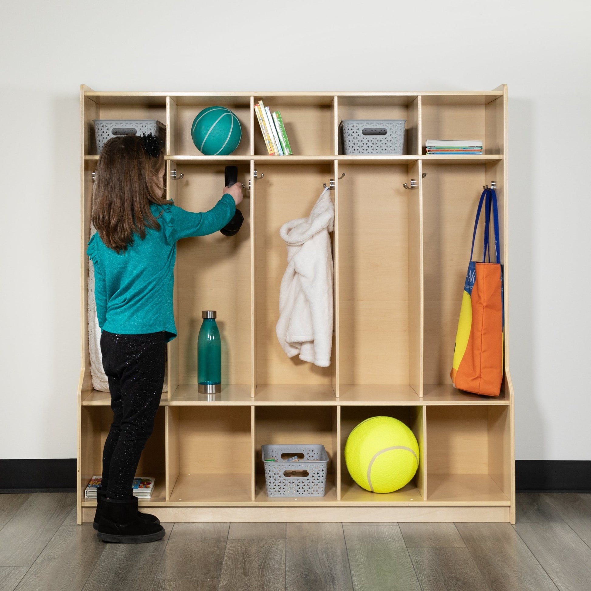 Hercules Wooden 5 Section School Coat Locker with Bench, Cubbies, and Storage Organizer Hook-Safe, Kid Friendly Design - 48"H x 48"L (Natural) - SchoolOutlet