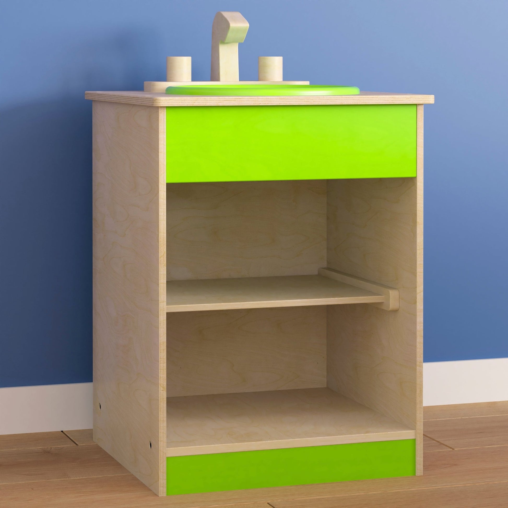 Bright Beginnings Commercial Grade Wooden Children's Kitchen Sink with Integrated Storage - SchoolOutlet