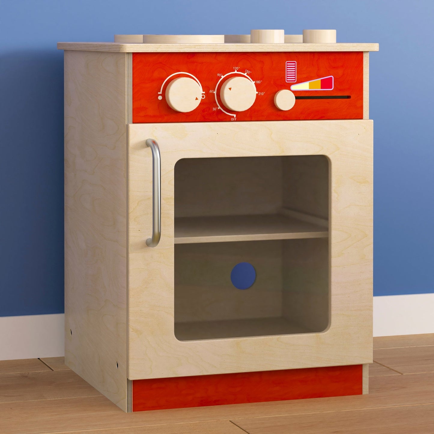 Bright Beginnings Commercial Grade Wooden Children's Kitchen Stove with Integrated Storage - SchoolOutlet