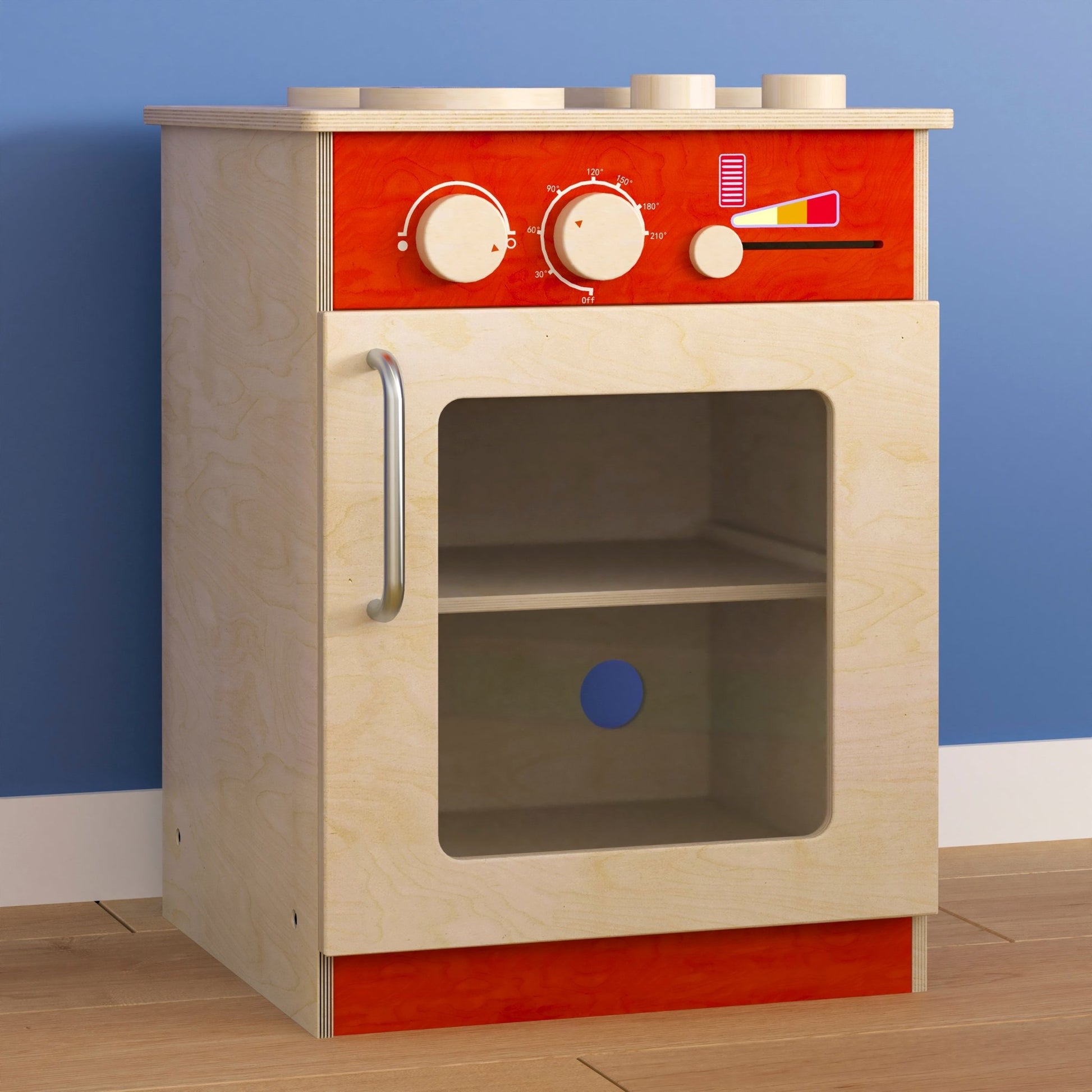 Bright Beginnings Commercial Grade Wooden Children's Kitchen Stove with Integrated Storage - SchoolOutlet