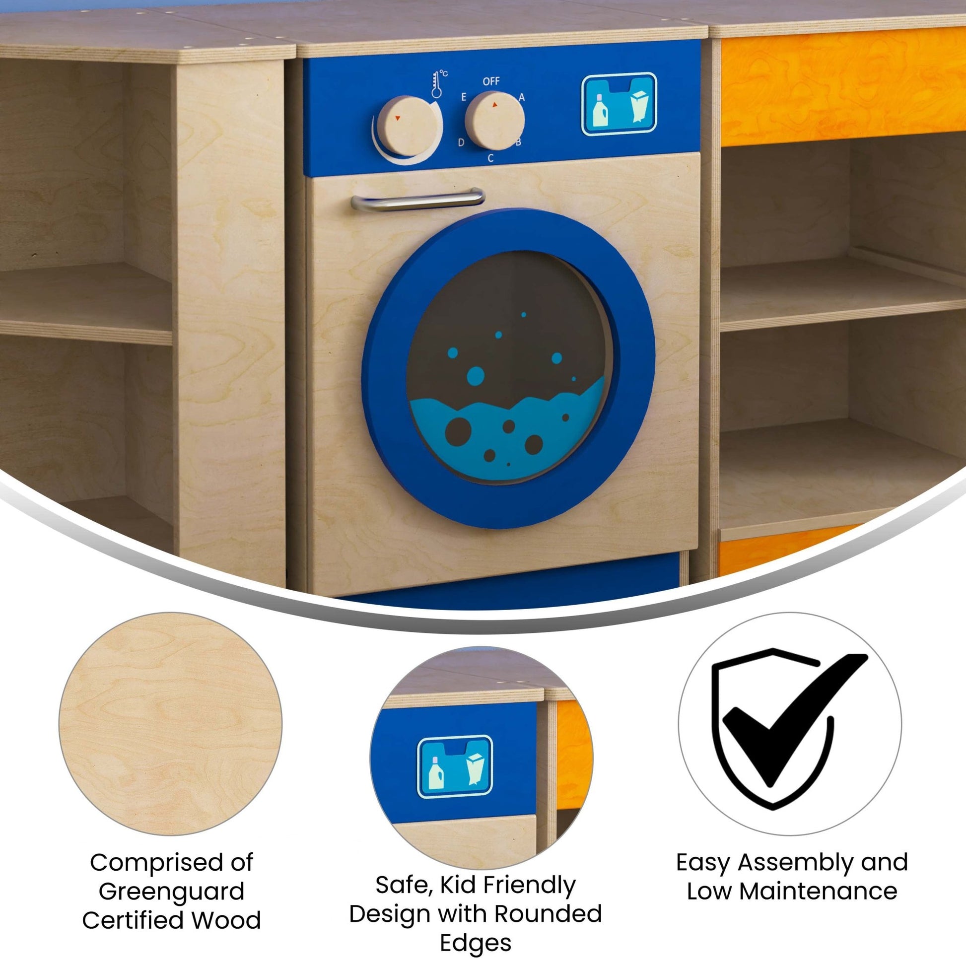 Bright Beginnings Commercial Grade Wooden Kid's Washing Machine with Integrated Storage and Turning Knobs - SchoolOutlet