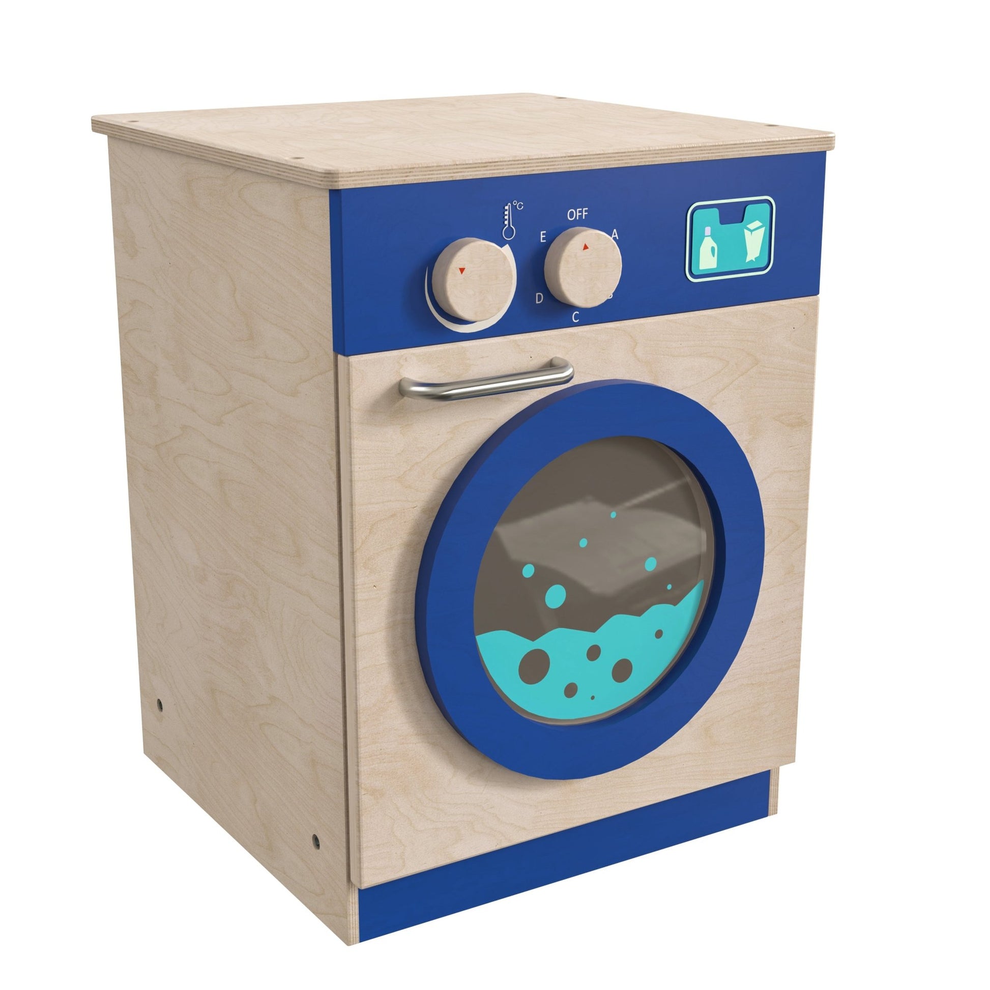 Bright Beginnings Commercial Grade Wooden Kid's Washing Machine with Integrated Storage and Turning Knobs - SchoolOutlet