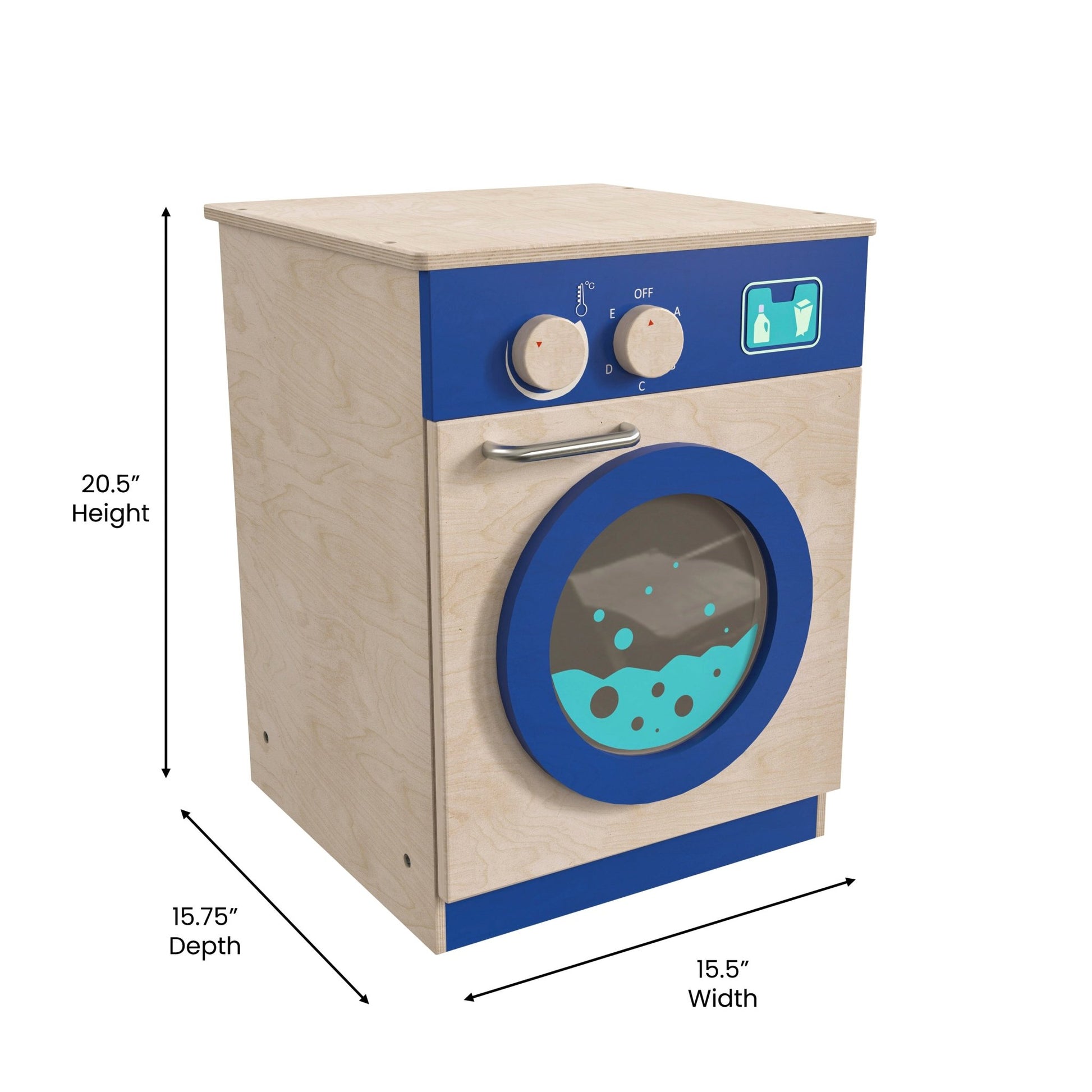 Bright Beginnings Commercial Grade Wooden Kid's Washing Machine with Integrated Storage and Turning Knobs - SchoolOutlet