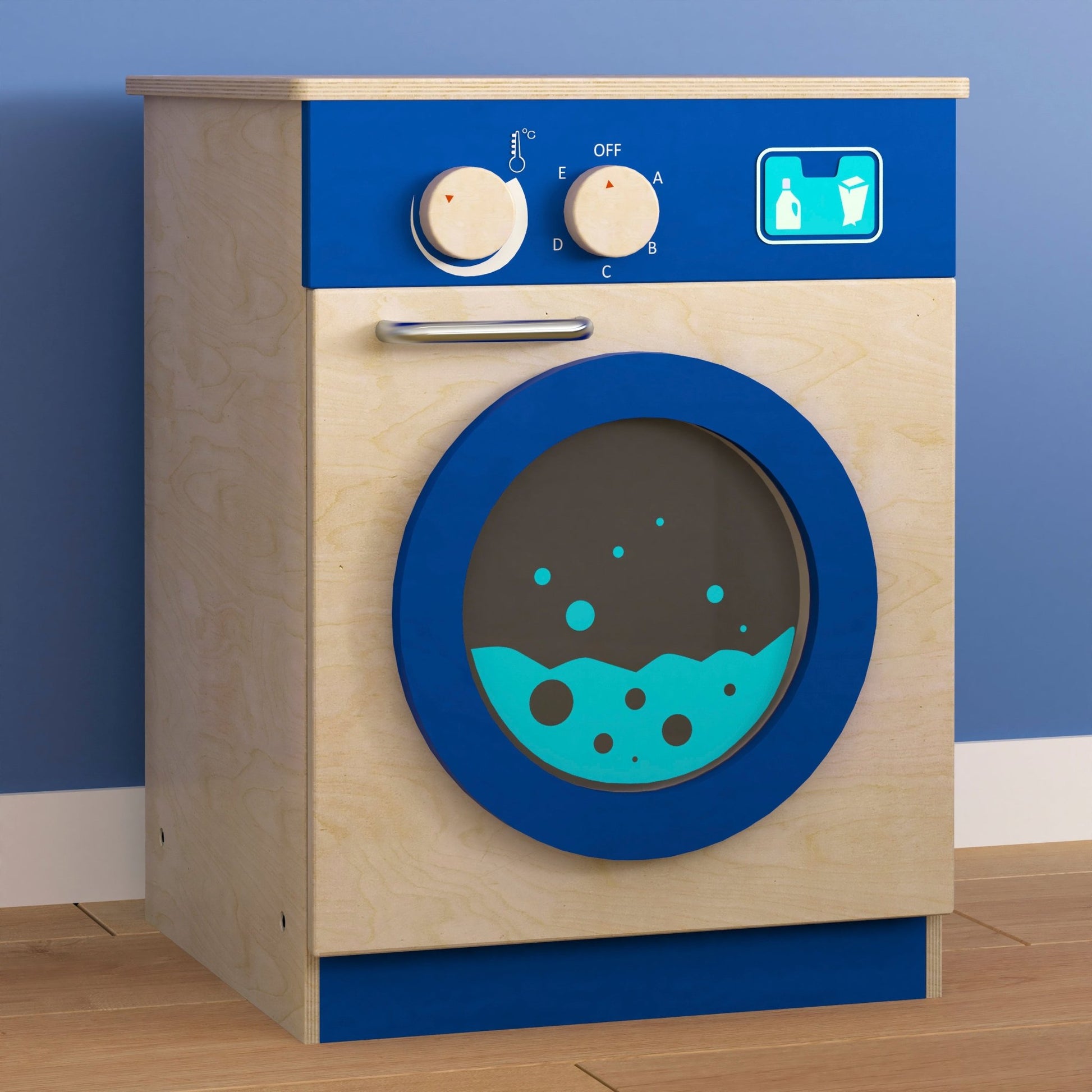 Bright Beginnings Commercial Grade Wooden Kid's Washing Machine with Integrated Storage and Turning Knobs - SchoolOutlet