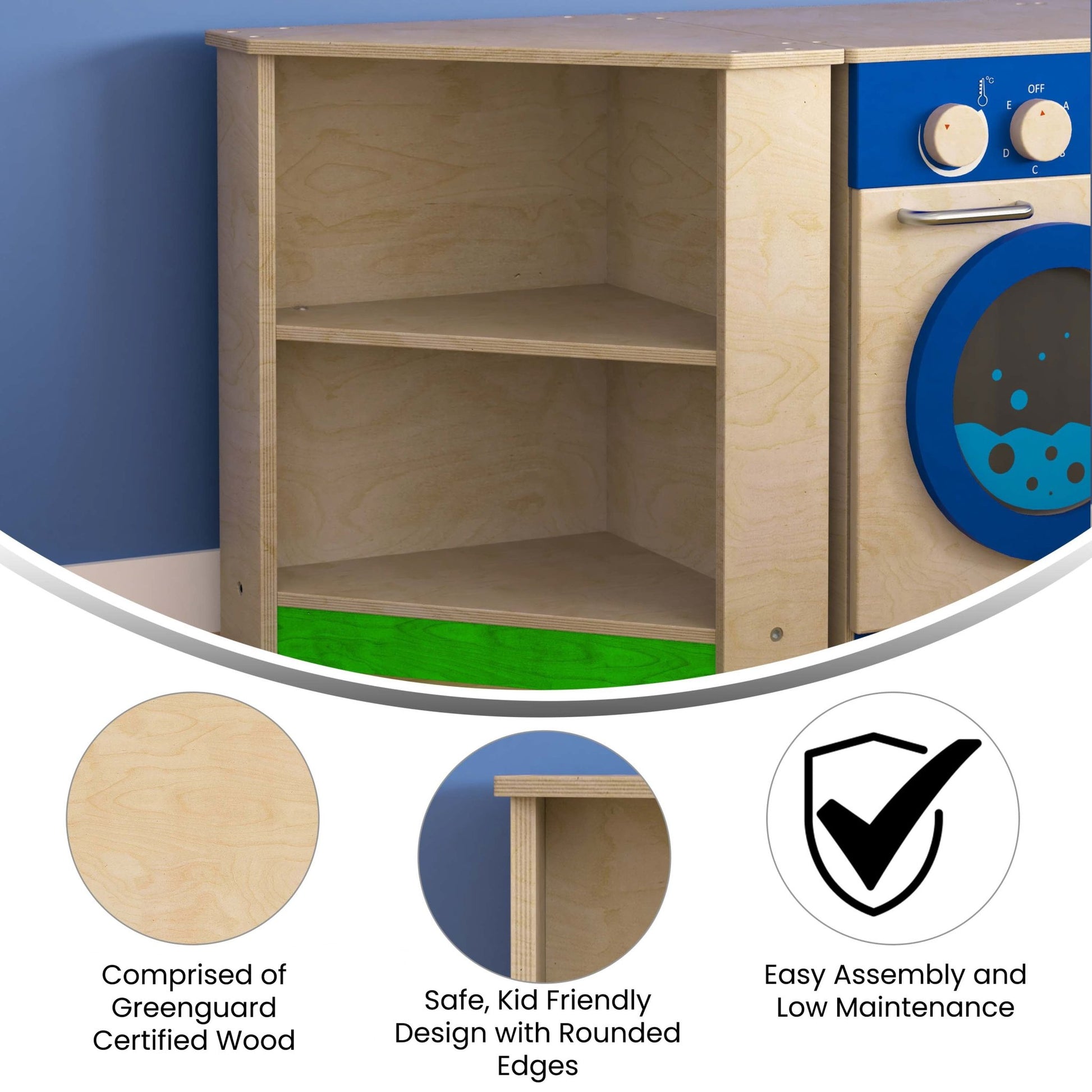 Bright Beginnings Commercial Grade Wooden Kid's Two Tier Corner Kitchen Cabinet - SchoolOutlet