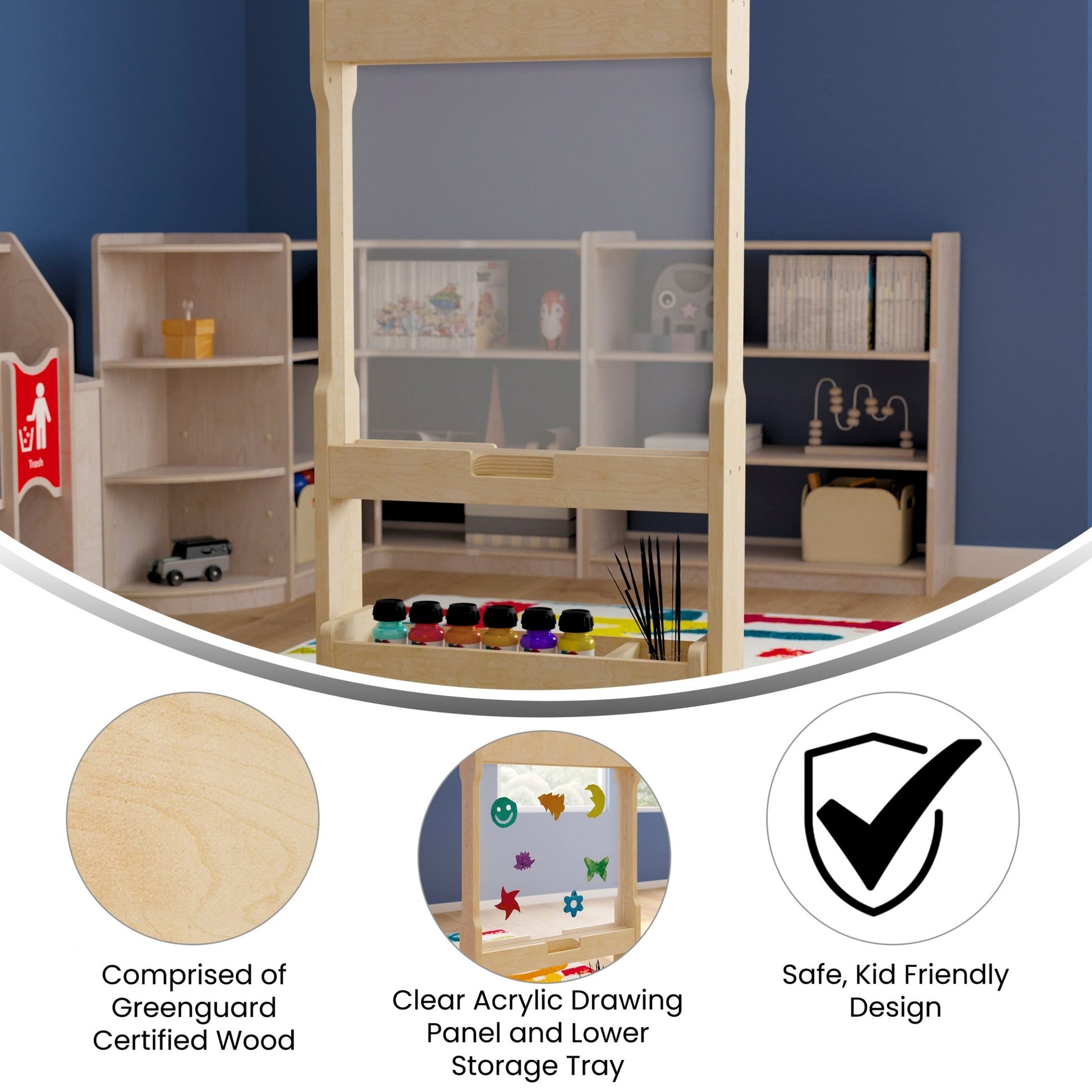 Bright Beginnings Commercial Double Sided Wooden Free-Standing STEAM Easel, Storage Tray, Acrylic Paint Window - Holds Two Accessory Panels, Natural - SchoolOutlet