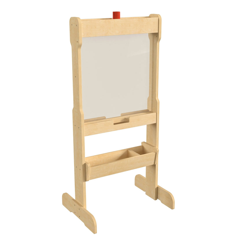 Bright Beginnings Commercial Double Sided Wooden Free-Standing STEAM Easel, Storage Tray, Acrylic Paint Window - Holds Two Accessory Panels, Natural - SchoolOutlet