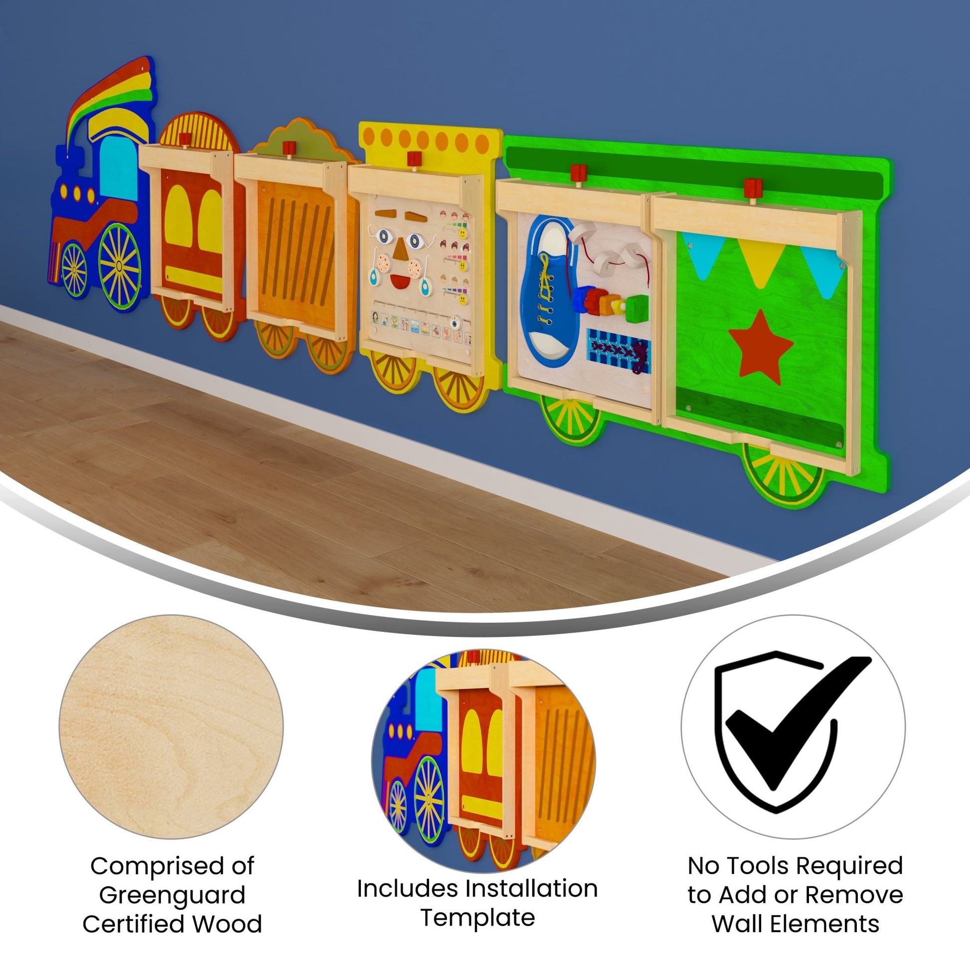 Bright Beginnings Commercial Grade Wooden Train STEAM Wall System with 5 Accessory Panel Holders - SchoolOutlet