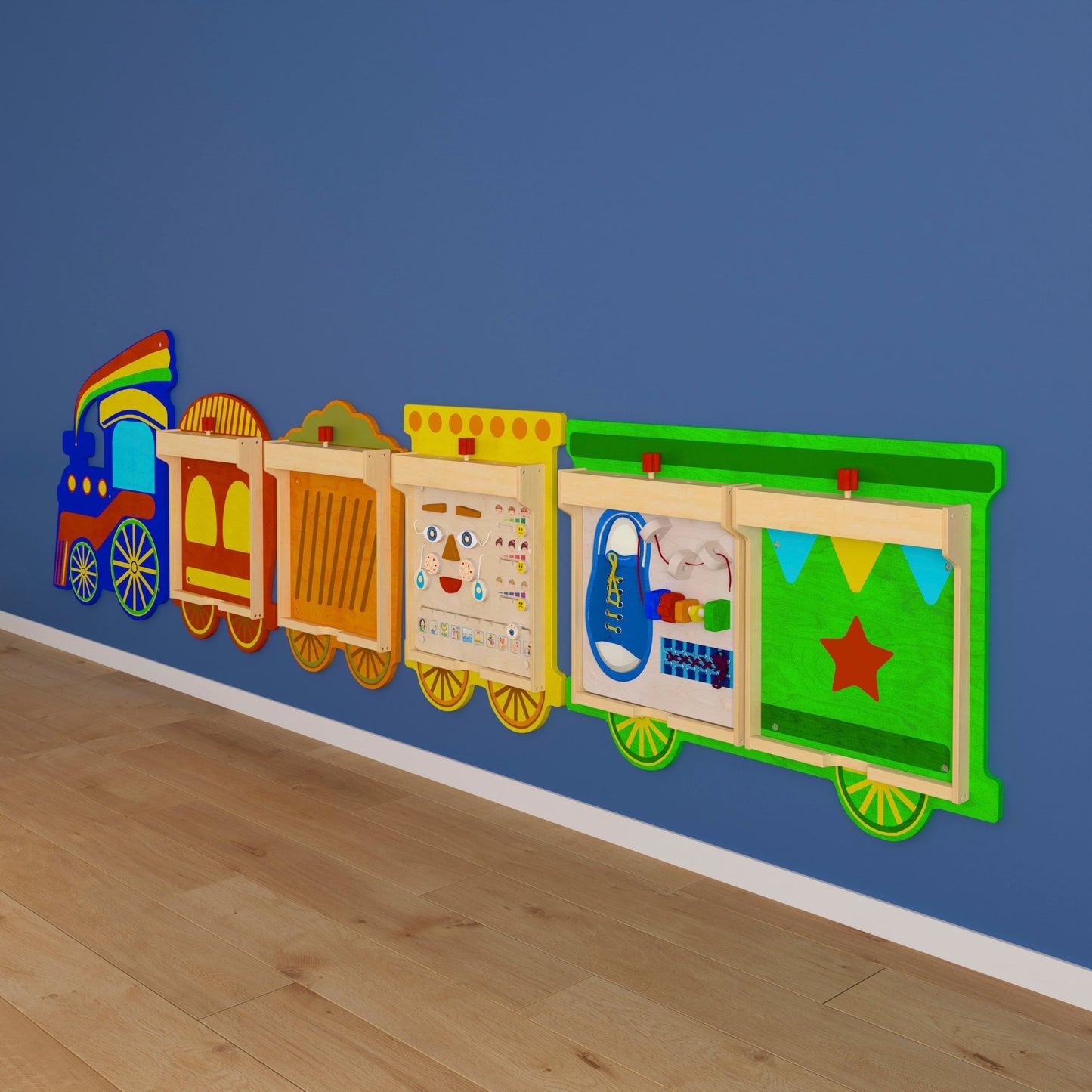 Bright Beginnings Commercial Grade Wooden Train STEAM Wall System with 5 Accessory Panel Holders - SchoolOutlet