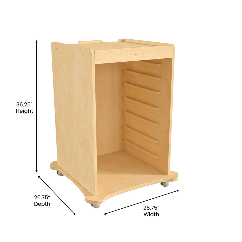 Bright Beginnings Commercial Space Saving Wooden Mobile STEAM Wall Accessory Board Storage Cart, Locking Caster Wheels, Kid Friendly Design, Natural - SchoolOutlet