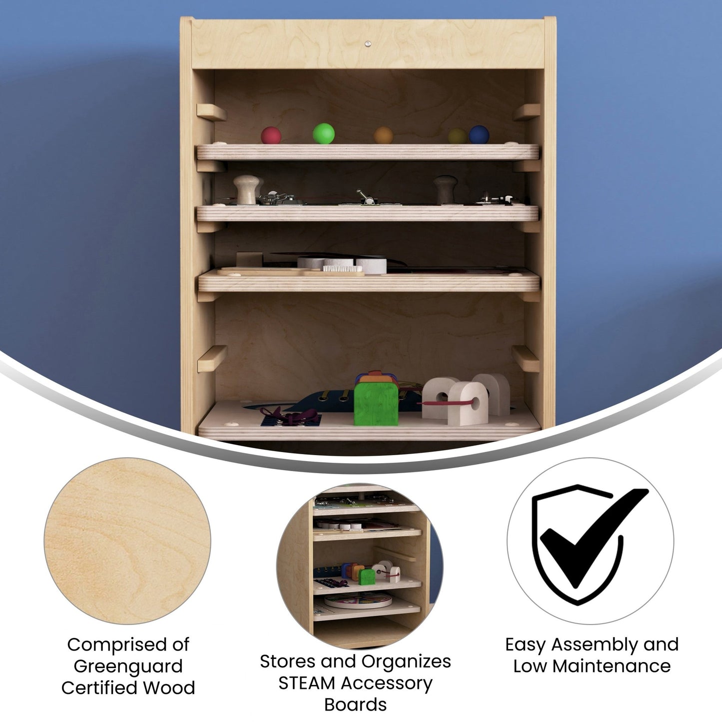 Bright Beginnings Commercial Space Saving Wooden Mobile STEAM Wall Accessory Board Storage Cart, Locking Caster Wheels, Kid Friendly Design, Natural - SchoolOutlet
