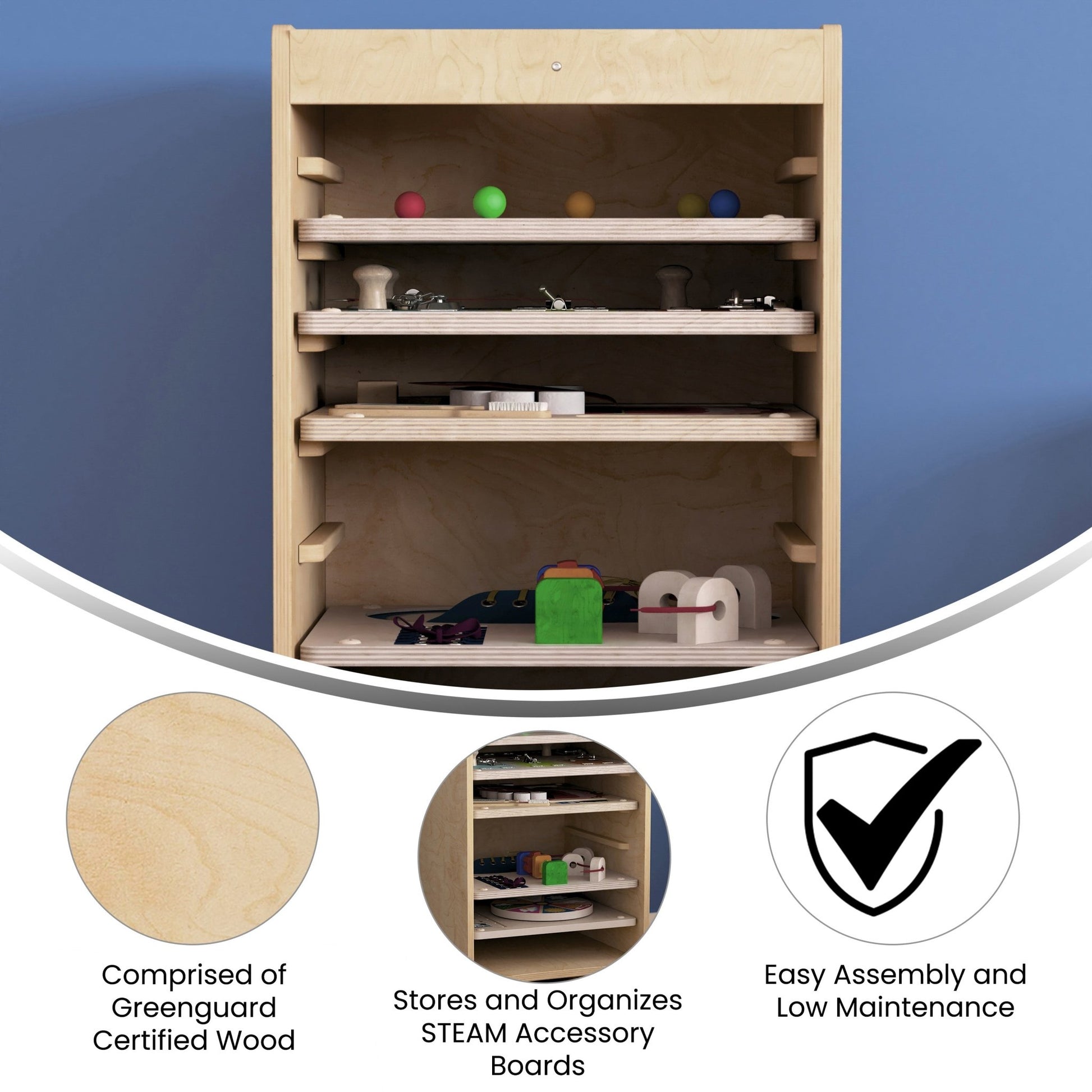 Bright Beginnings Commercial Space Saving Wooden Mobile STEAM Wall Accessory Board Storage Cart, Locking Caster Wheels, Kid Friendly Design, Natural - SchoolOutlet