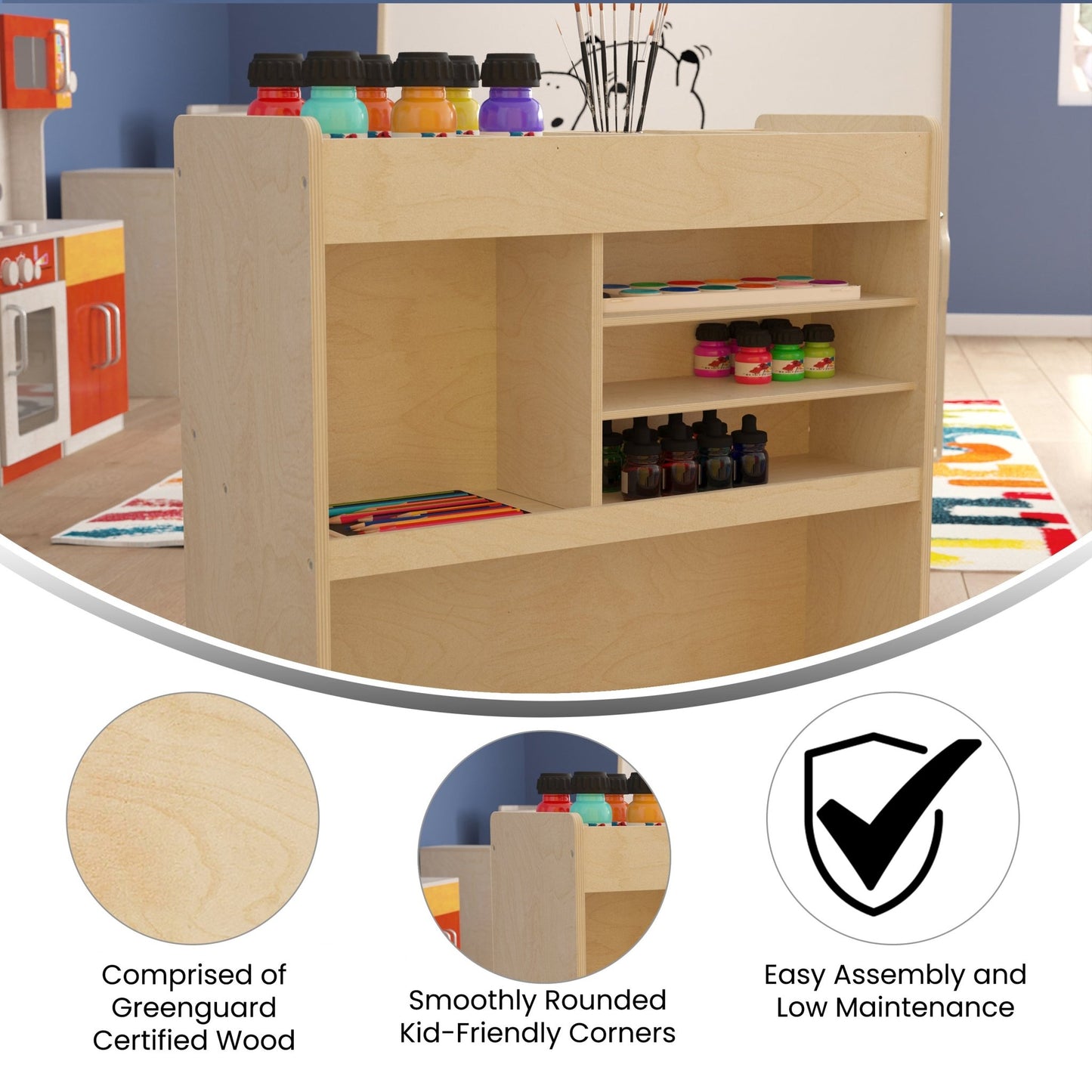 Bright Beginnings Commercial Grade Wooden Mobile Storage Cart with 4 Top Storage Compartments, 5 Cubbies and Locking Caster Wheels - SchoolOutlet