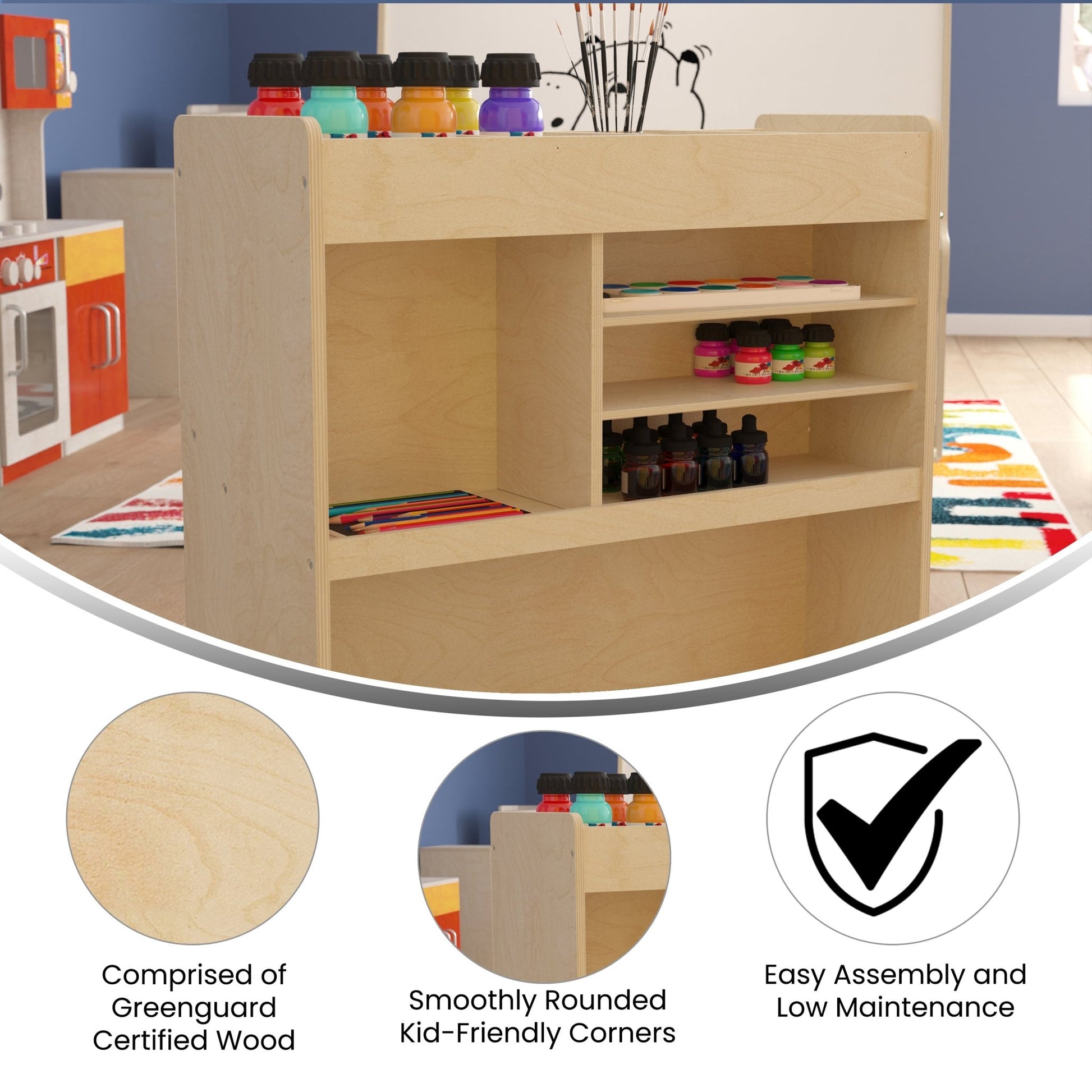 Bright Beginnings Commercial Grade Wooden Mobile Storage Cart with 4 Top Storage Compartments, 5 Cubbies and Locking Caster Wheels - SchoolOutlet
