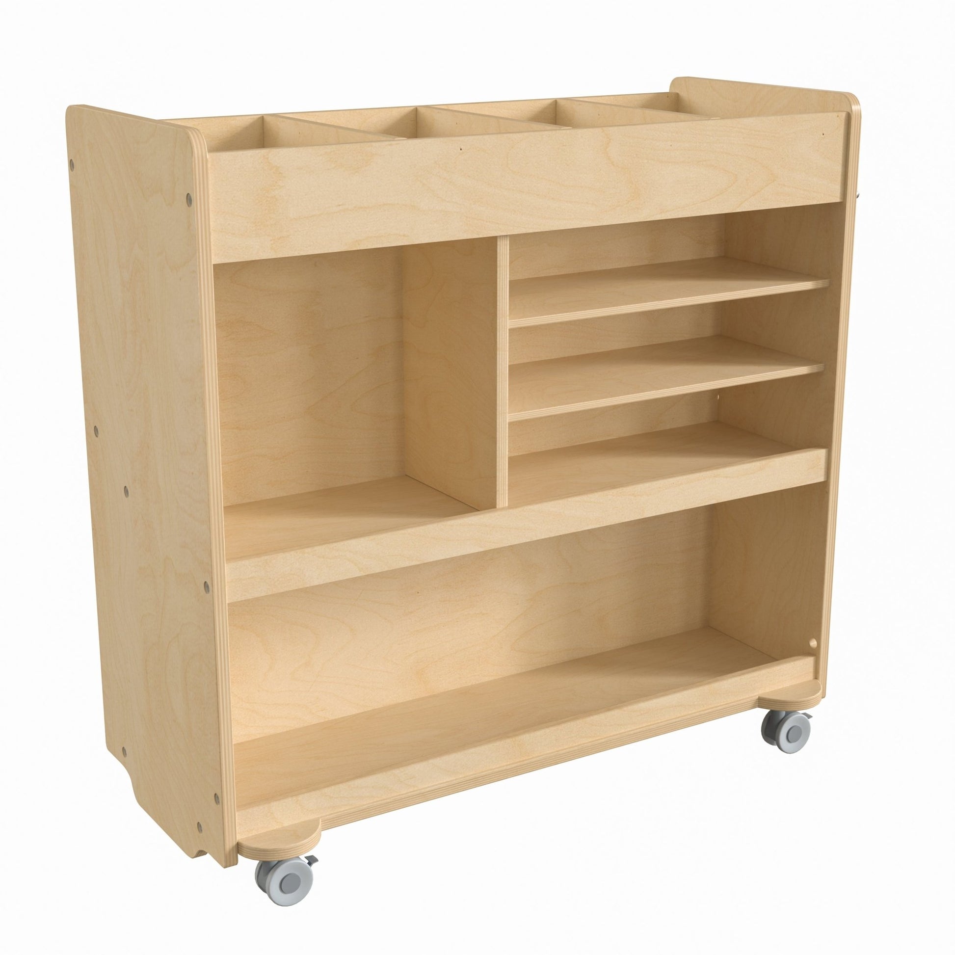 Bright Beginnings Commercial Grade Wooden Mobile Storage Cart with 4 Top Storage Compartments, 5 Cubbies and Locking Caster Wheels - SchoolOutlet