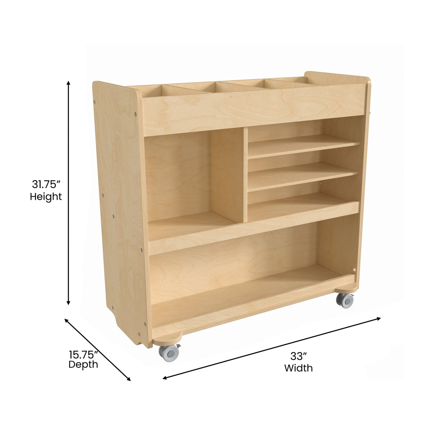 Bright Beginnings Commercial Grade Wooden Mobile Storage Cart with 4 Top Storage Compartments, 5 Cubbies and Locking Caster Wheels - SchoolOutlet