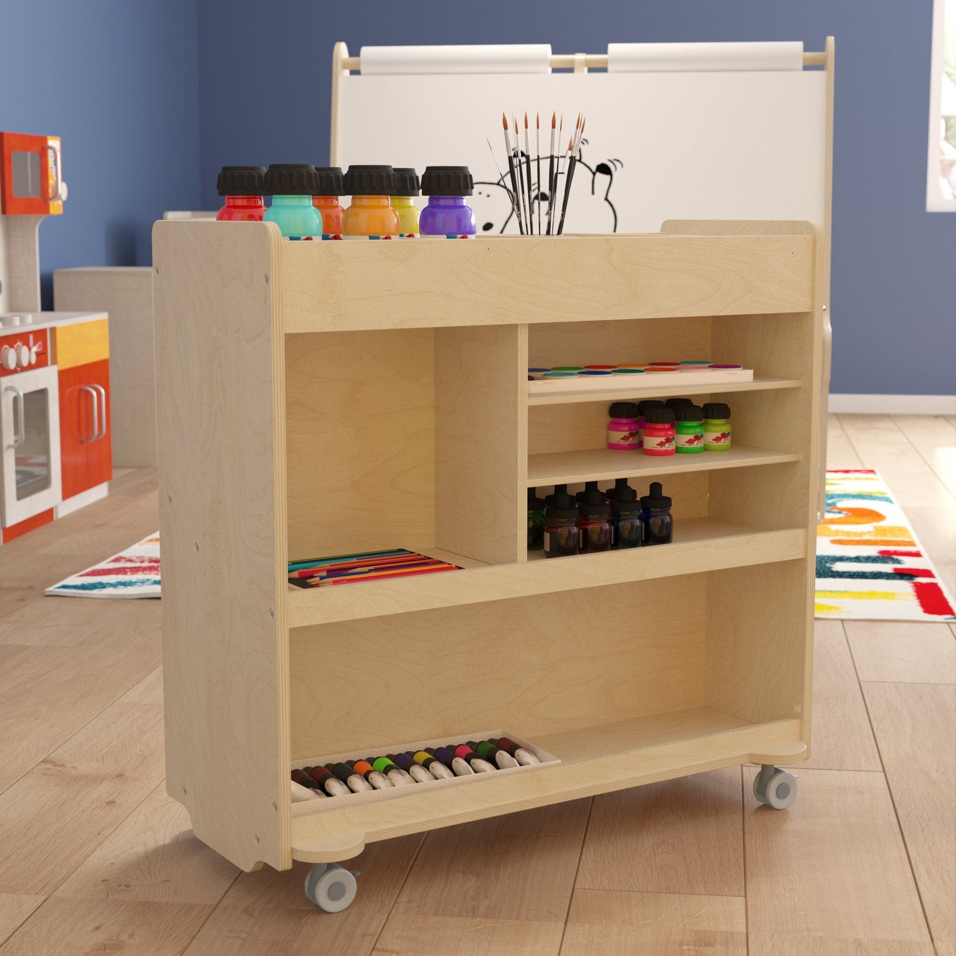 Bright Beginnings Commercial Grade Wooden Mobile Storage Cart with 4 Top Storage Compartments, 5 Cubbies and Locking Caster Wheels - SchoolOutlet