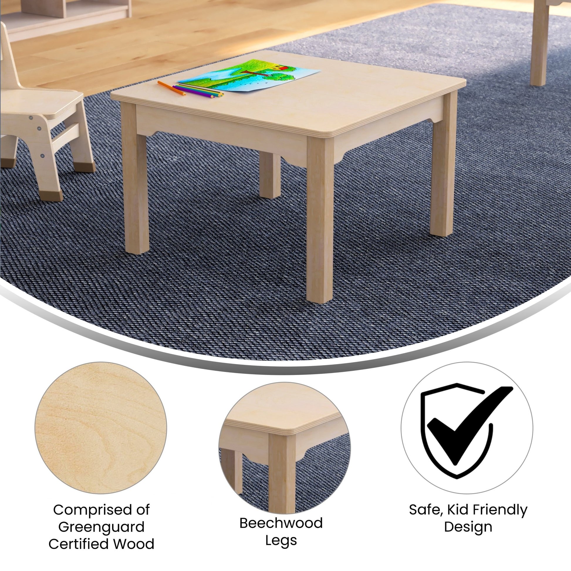 Bright Beginnings Commercial Grade Wooden Square Preschool Classroom Activity Table, (23.5"W x 14.5"H), Beech - SchoolOutlet