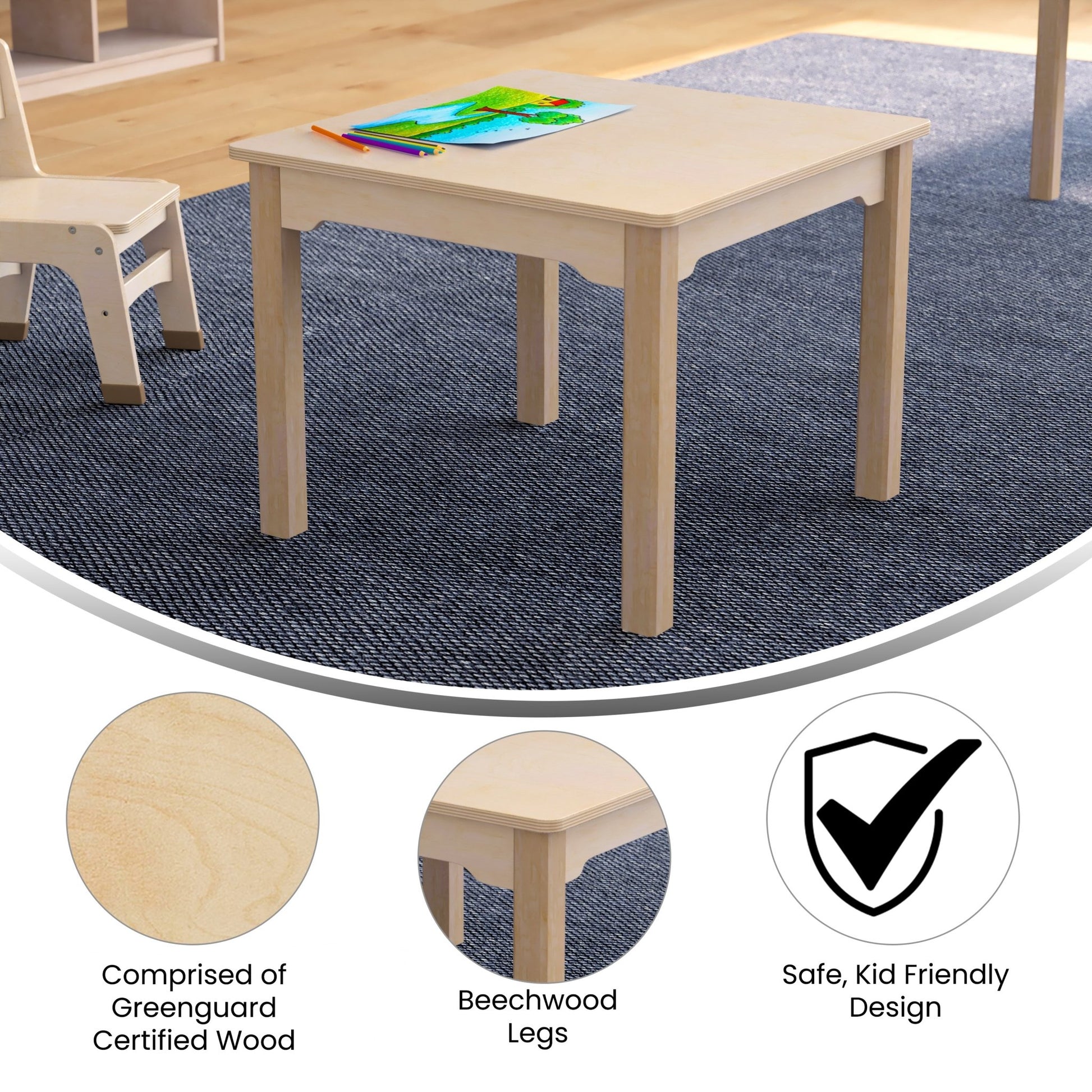 Bright Beginnings Commercial Grade Wooden Square Preschool Classroom Activity Table, (23.5"W x 18"H), Beech - SchoolOutlet