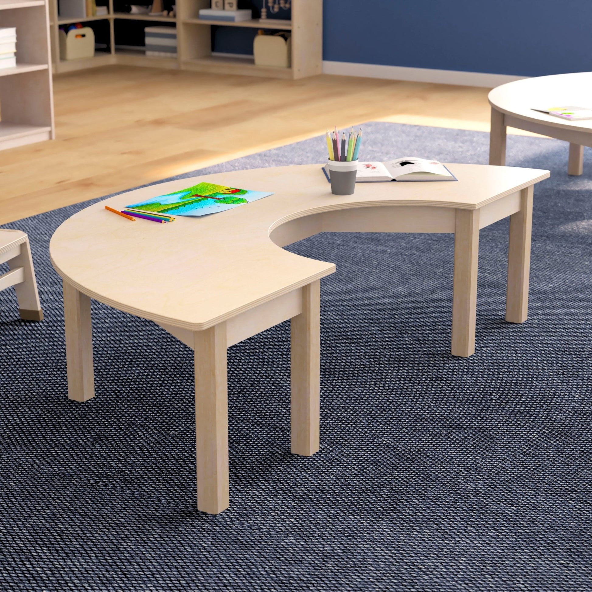Bright Beginnings Commercial Grade Wooden Half Circle Preschool Classroom Activity Table, (29.5"W x 59"D x 14.5"H), Beech - SchoolOutlet