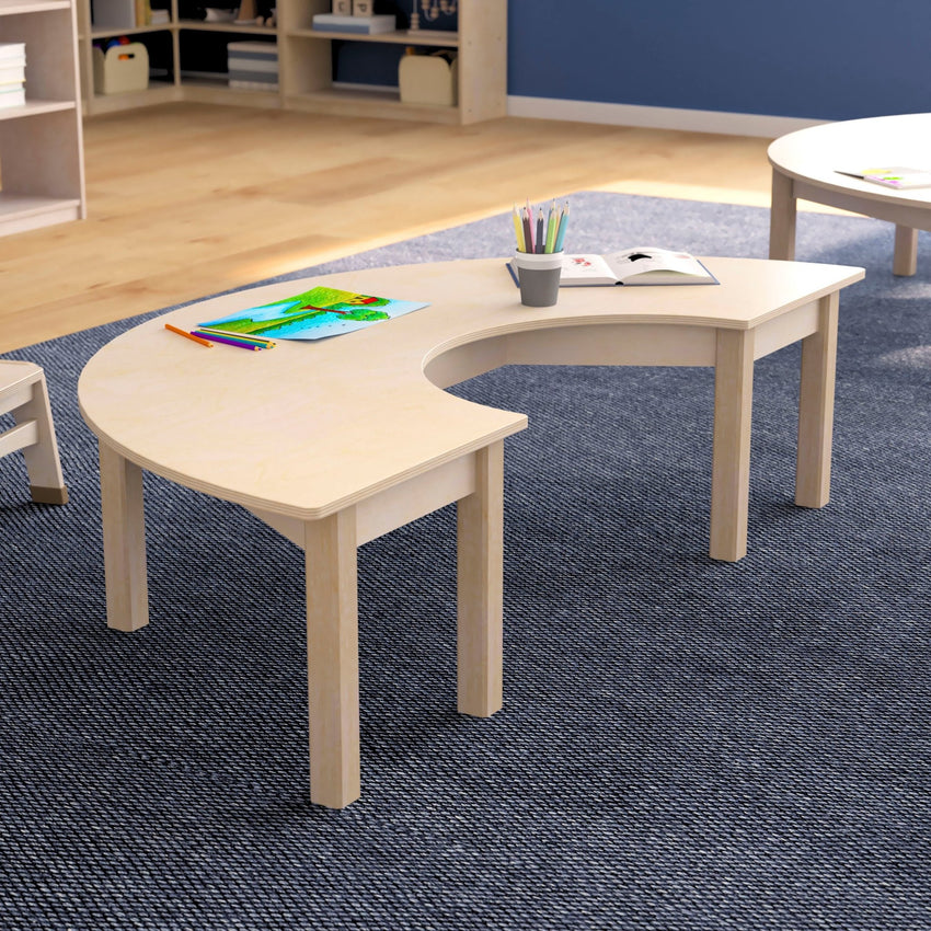 Bright Beginnings Commercial Grade Wooden Half Circle Preschool Classroom Activity Table, (29.5"W x 59"D x 14.5"H), Beech - SchoolOutlet