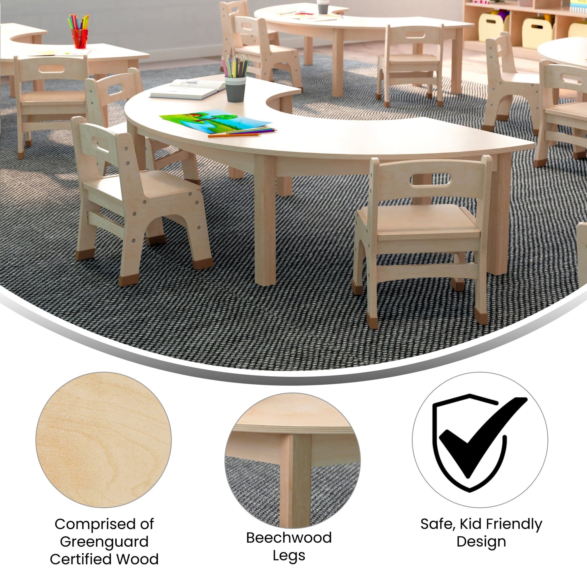 Bright Beginnings Commercial Grade Wooden Half Circle Preschool Classroom Activity Table, (29.5"W x 59"D x 14.5"H), Beech - SchoolOutlet
