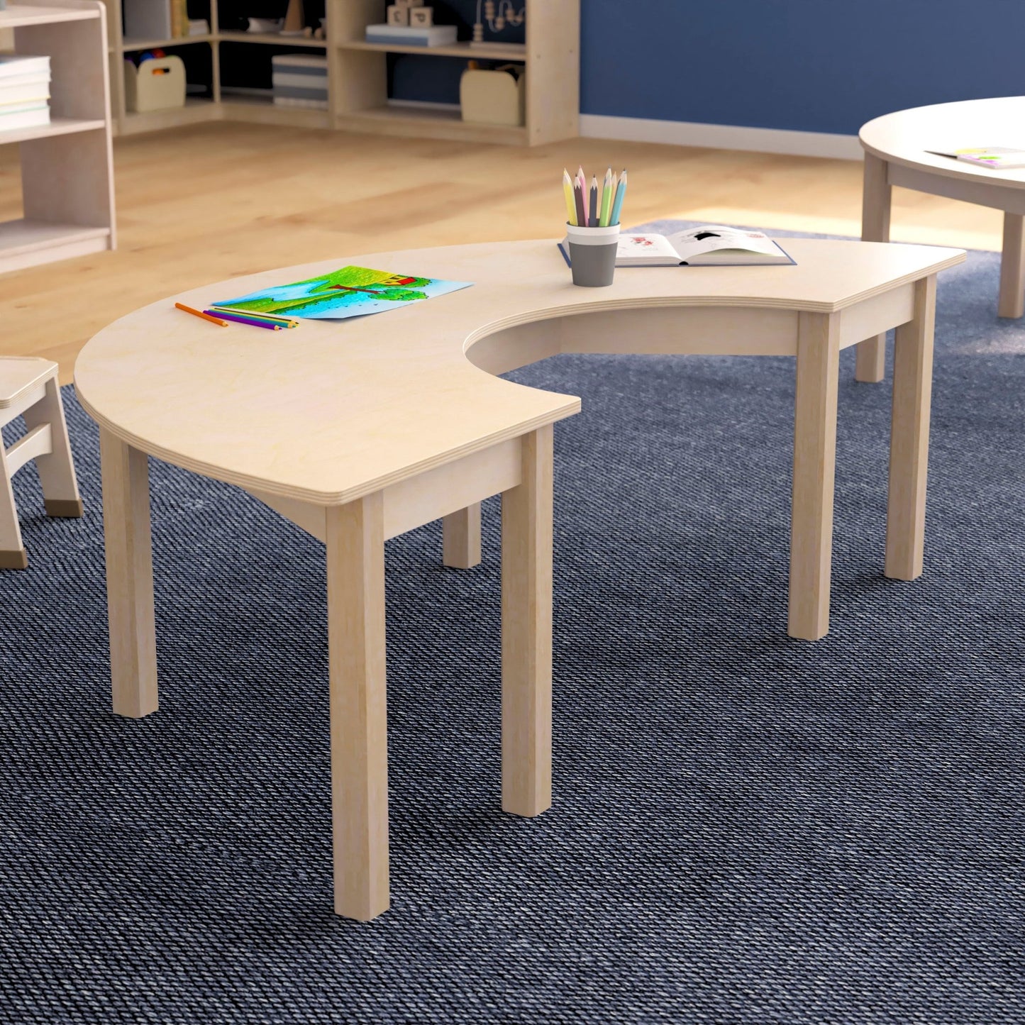 Bright Beginnings Commercial Grade Wooden Half Circle Preschool Classroom Activity Table, (29.5"W x 59"D x 18"H), Beech - SchoolOutlet